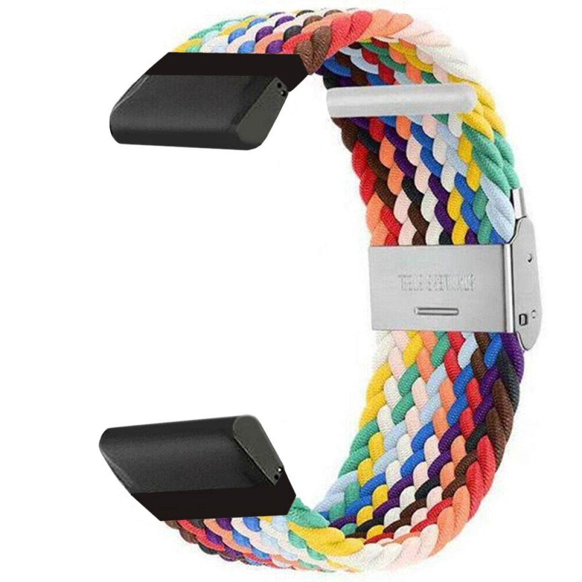 Buntes geflochtenes Uhrenarmband mit Edelstahlverschluss.