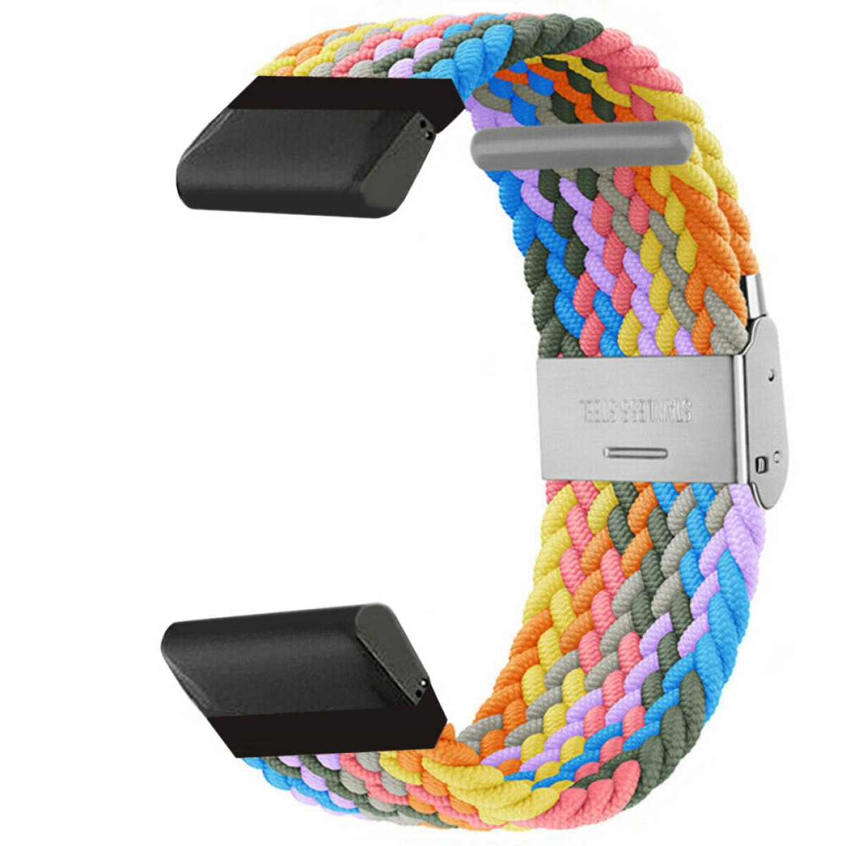 Geflochtenes Uhrenarmband. Das Band hat mehrere Farben, mit einem Edelstahlverschluss.