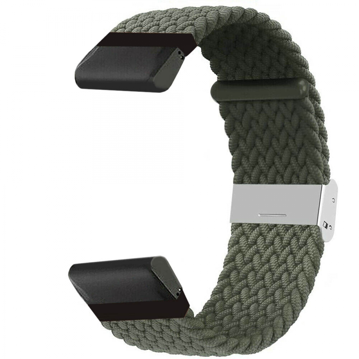 Olivgrünes geflochtenes Uhrenarmband mit schwarzen Anschlüssen und silberner Schließe.