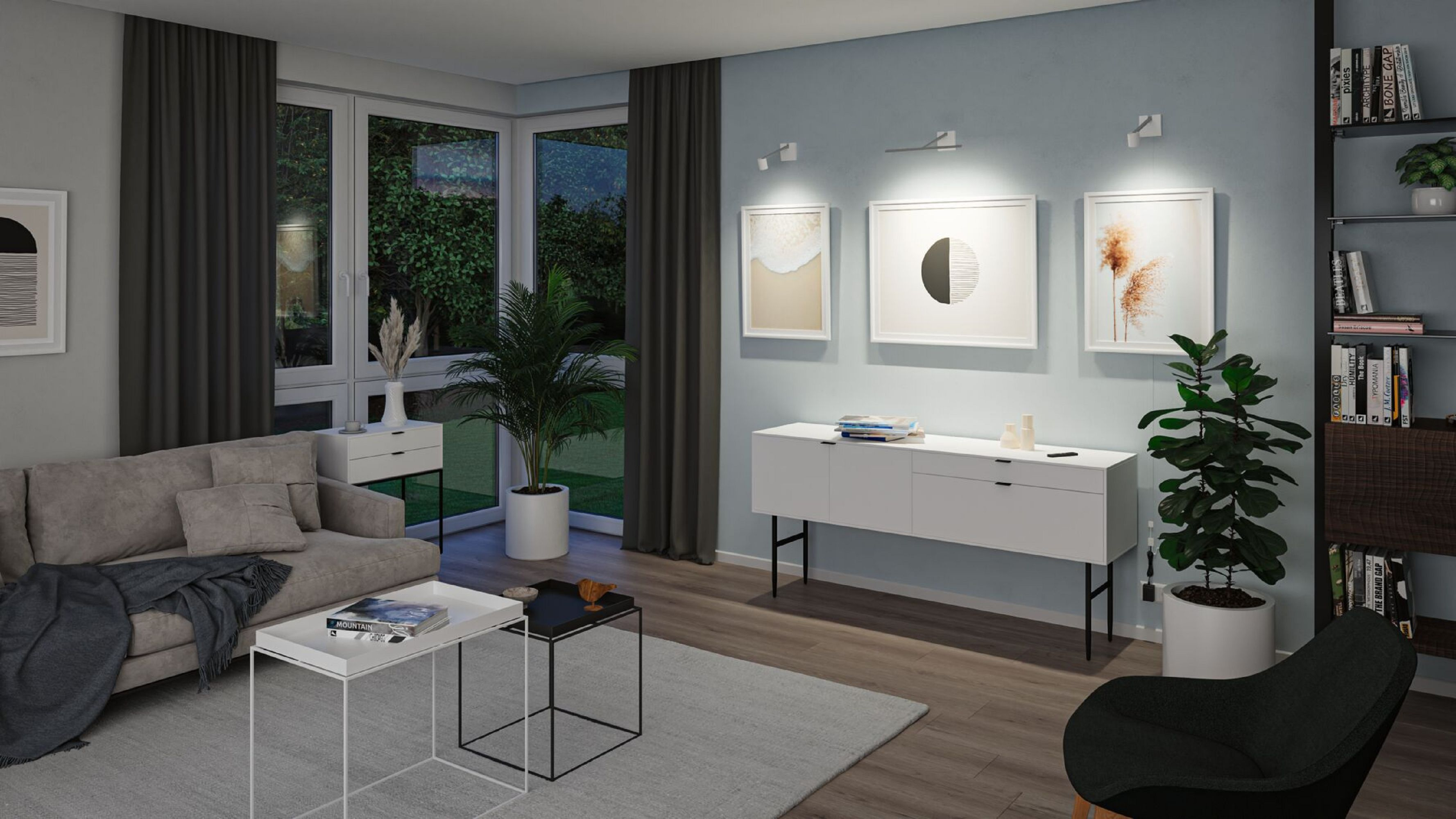 Salon z sofą, dziełami sztuki, lampami i szafką. Scena nocna z włączonymi światłami.