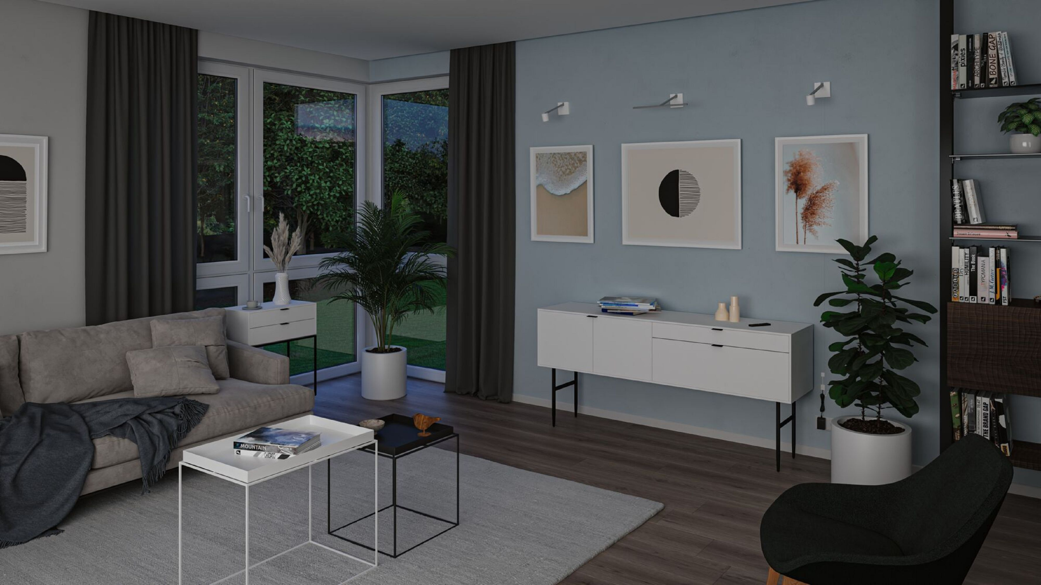 Dobrze oświetlona scena w salonie z sofą, dziełami sztuki i meblami, z oknem.