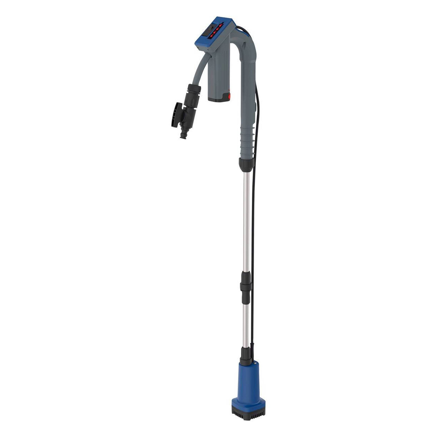Eine elektrische Wasserpumpe mit langem, grauem Griff und blauem Sockel. Mit Digitalanzeige.