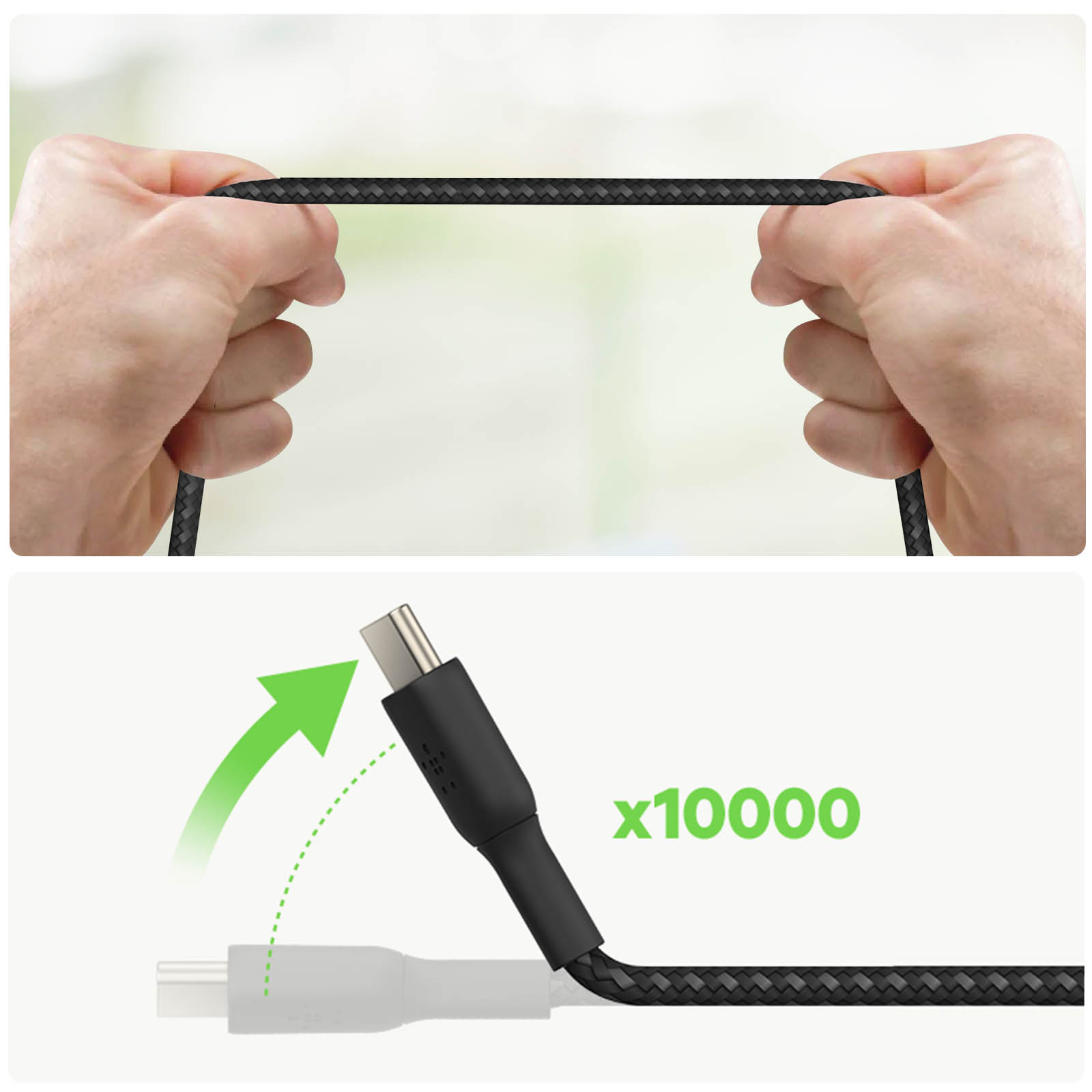 Zwei Hände halten ein flexibles schwarzes Kabel. Ein weiteres Bild zeigt das gebogene Kabel mit x10000.