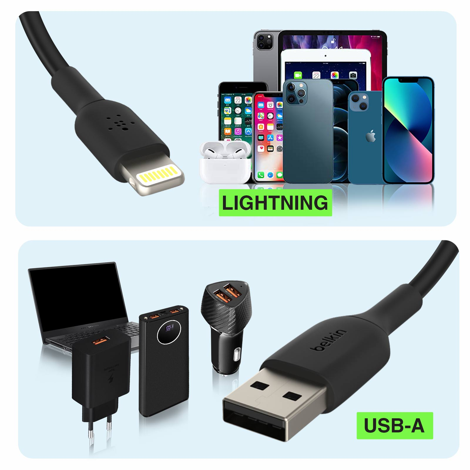Cavi Lightning e USB-A con dispositivi: iPhone, AirPods, iPad, laptop, caricabatterie.