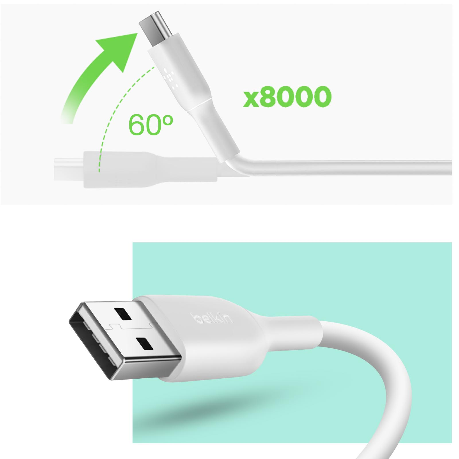 Cavo USB-C Belkin bianco. Freccia verde mostra curva a 60 gradi. Testo x8000.