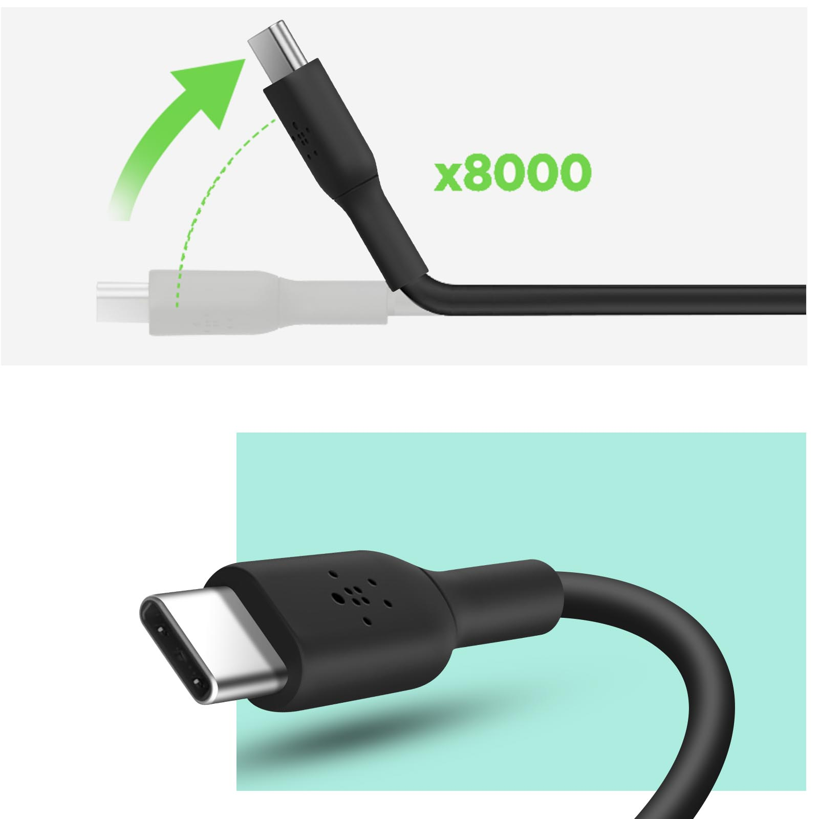 Schwarzes Belkin USB-C-Kabel. Grüner Pfeil zeigt 60-Grad-Biegung. Text x8000.