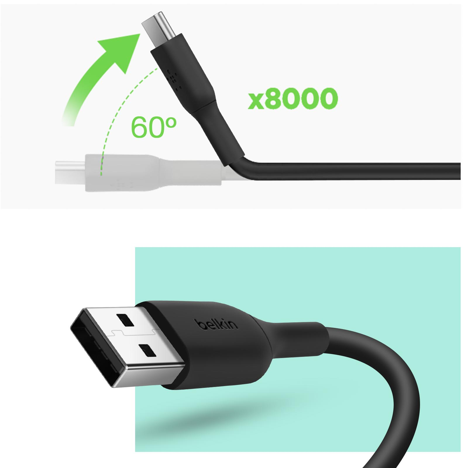 Cavo USB-C nero con connettore angolato a 60 gradi. Il cavo è collegato a una porta USB-C con una freccia.
