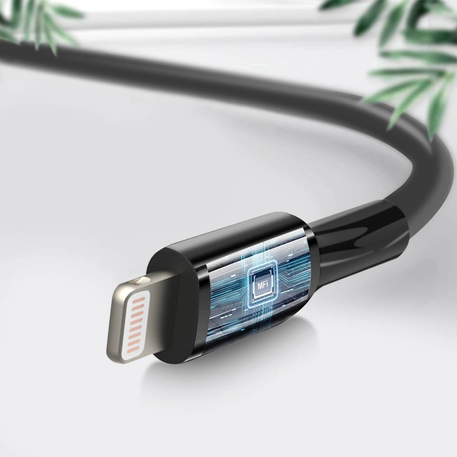 Nahaufnahme eines schwarzen Lightning-Kabels mit MFI-Kennzeichnung.