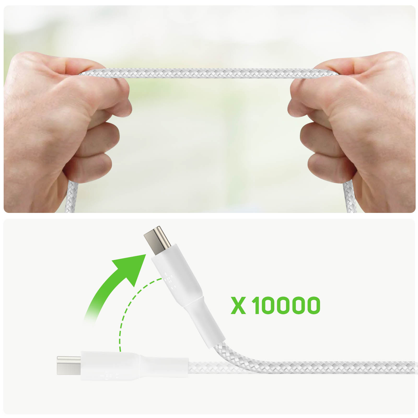 Hände halten ein weißes Kabel, USB-C-Kabel gebogen, grüner Pfeil, Text x10000, auf weiß.