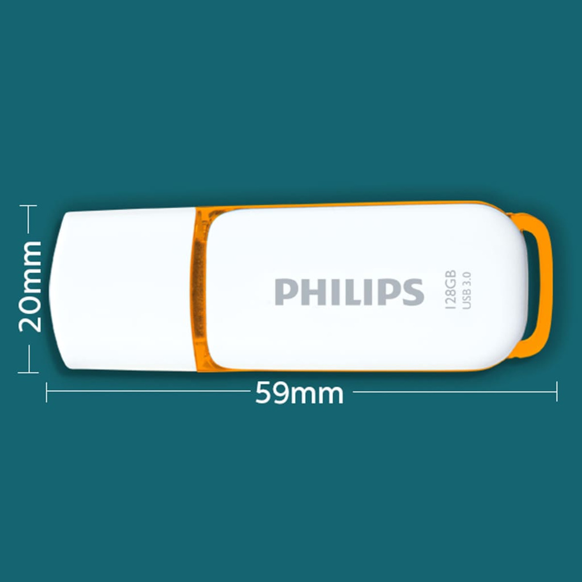 Weißer USB-Stick mit orangefarbenen Akzenten auf türkisblauem Grund.