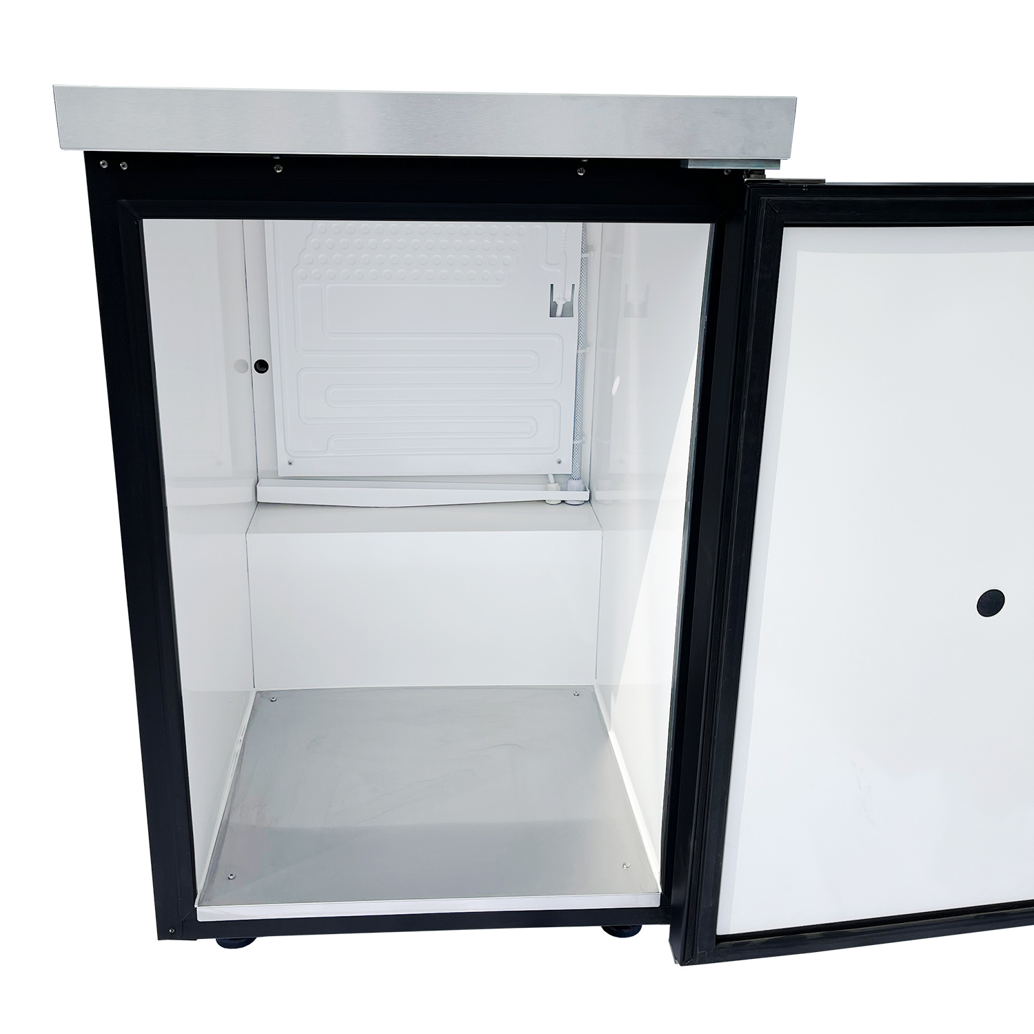Refrigerator with open door. Interior is empty. White interior with a black frame.
