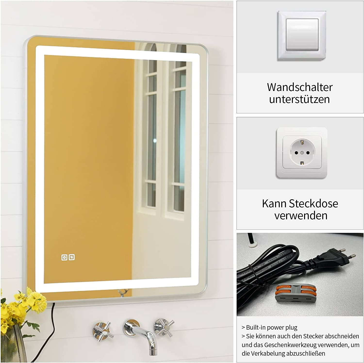 Espejo iluminado con detalles de un interruptor de pared, enchufe y cable de alimentación. Pared amarilla.