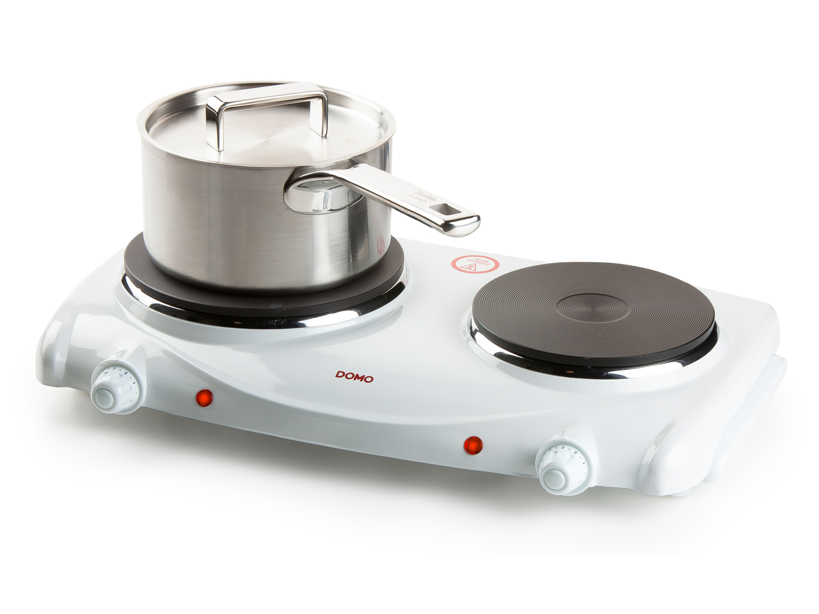 Biała podwójna elektryczna płyta grzejna z garnkiem po jednej stronie. Druga płyta jest pusta.