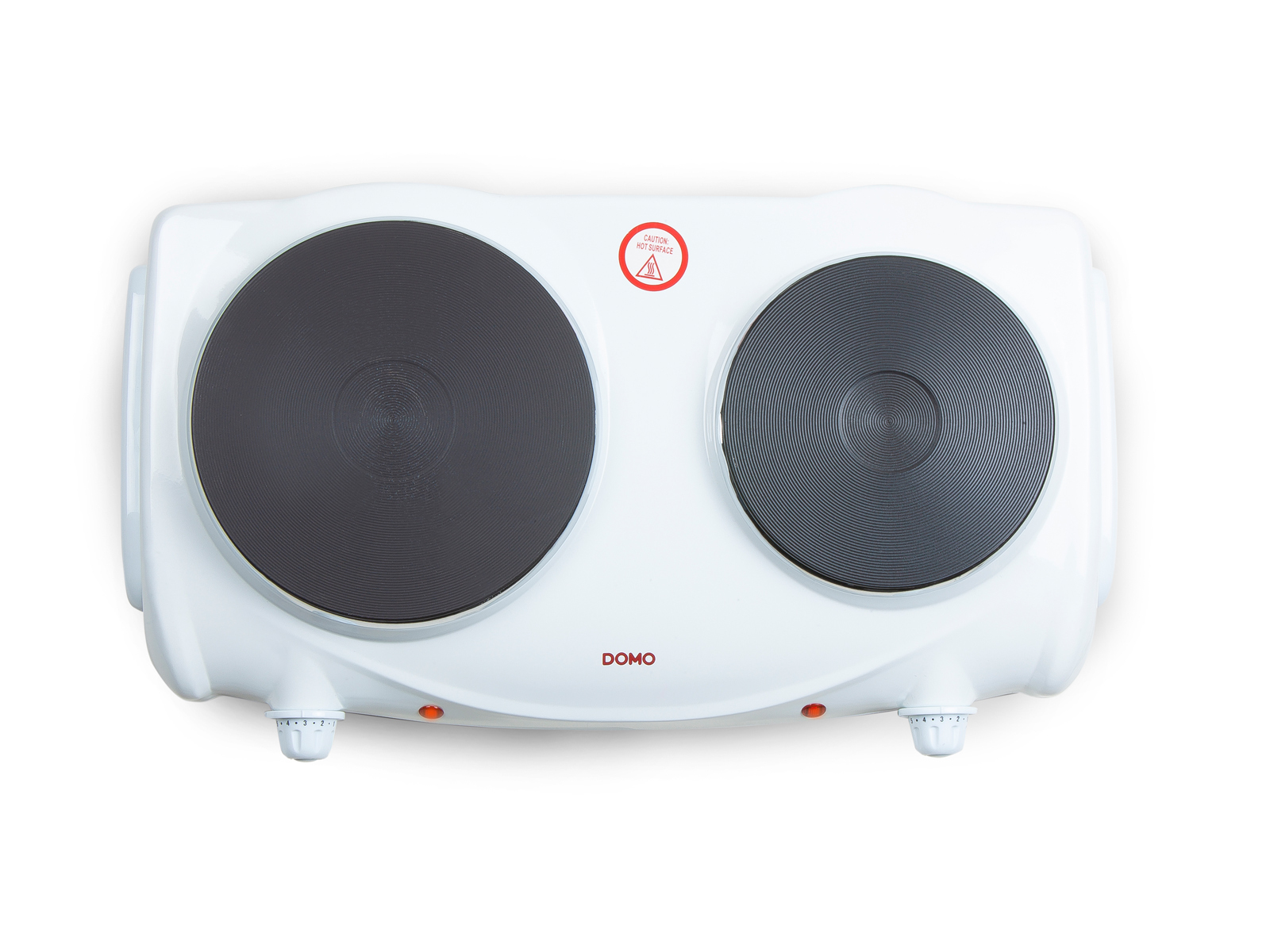 Biała podwójna płyta grzewcza z dwoma okrągłymi elementami grzejnymi i pokrętłami, na białej powierzchni.