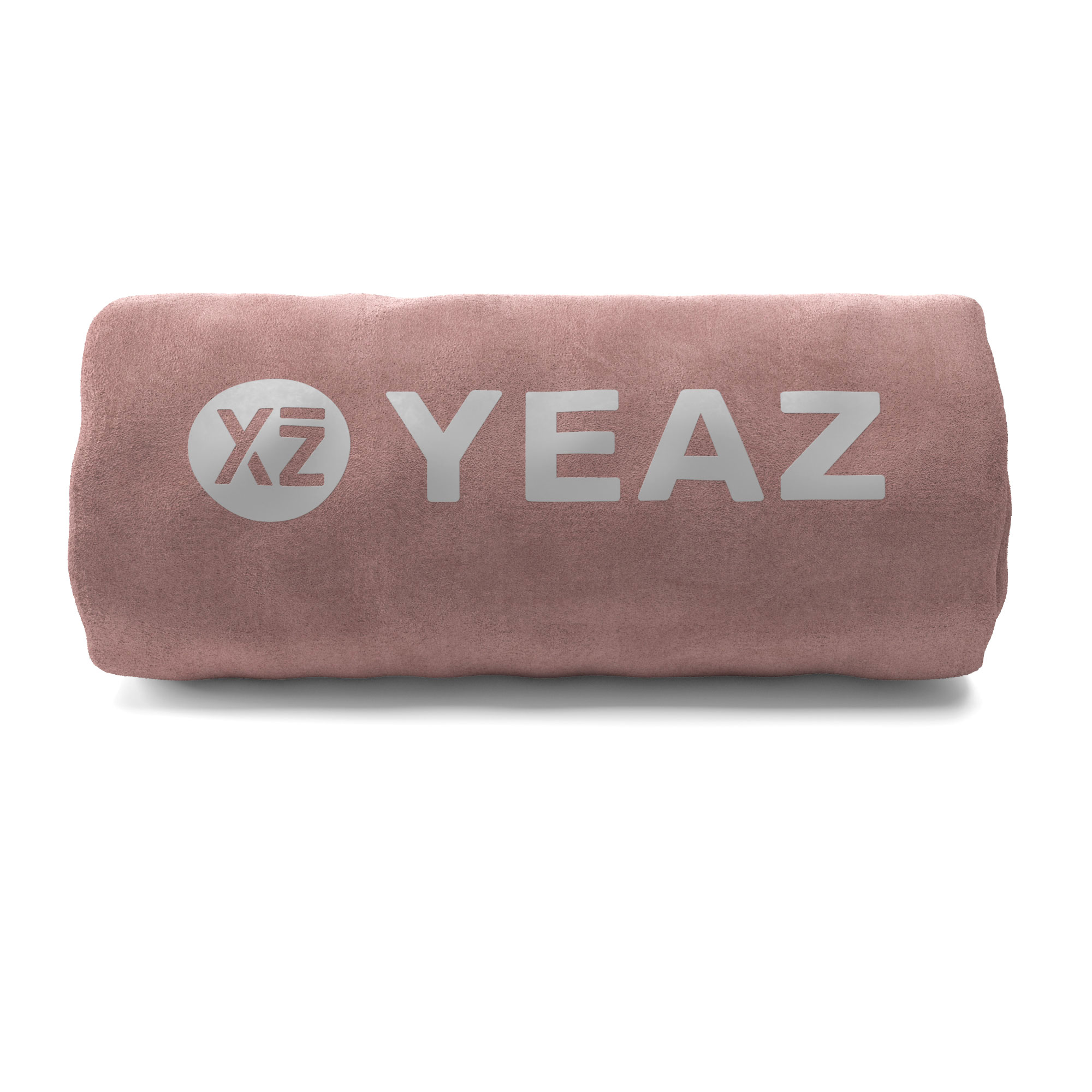 Gerolltes rosa Handtuch mit weißem 'YEAZ'-Logo, vor weißem Hintergrund.