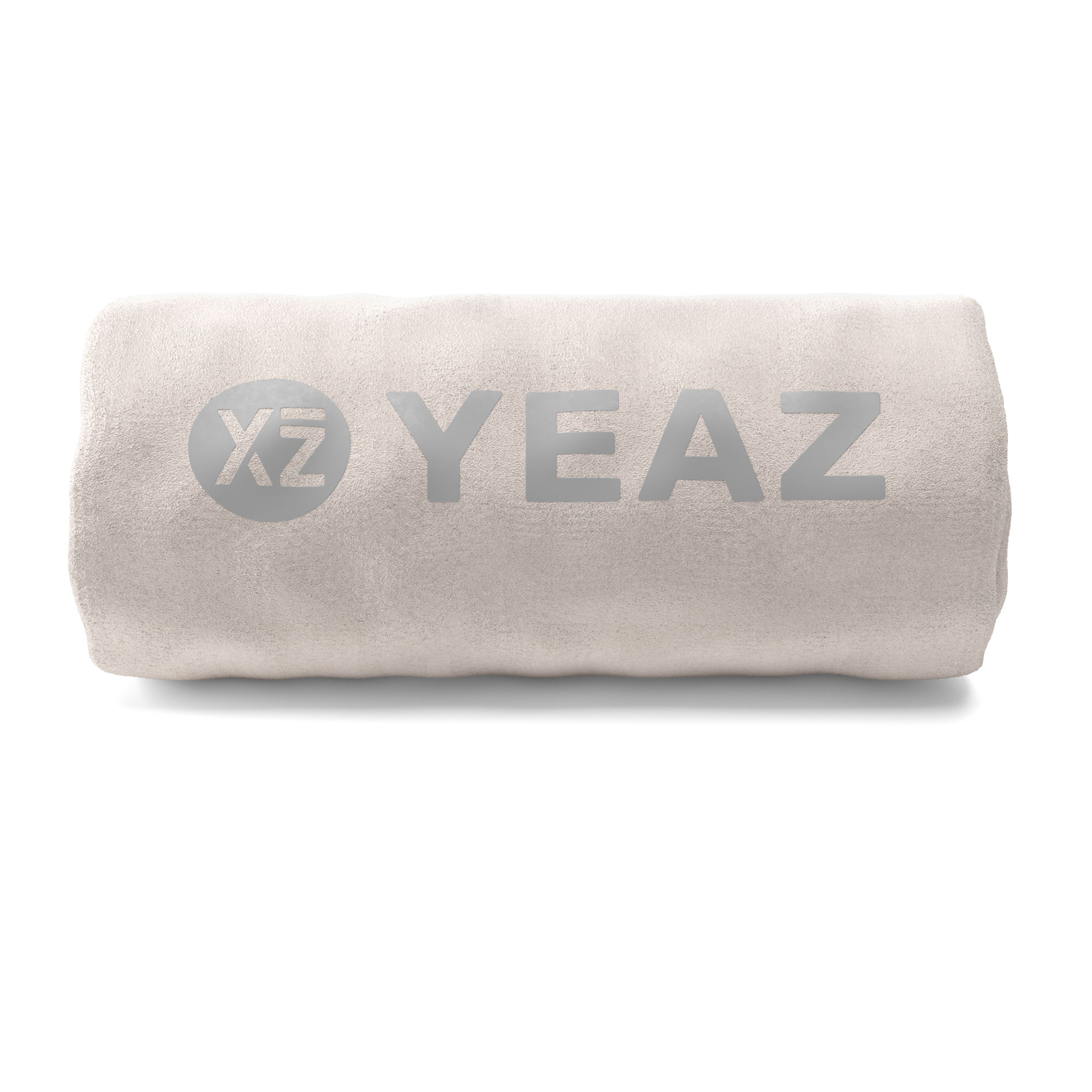 Gerolltes weißes Handtuch mit grauem Text: XZ YEAZ. Das Handtuch ist auf weißem Grund sauber.
