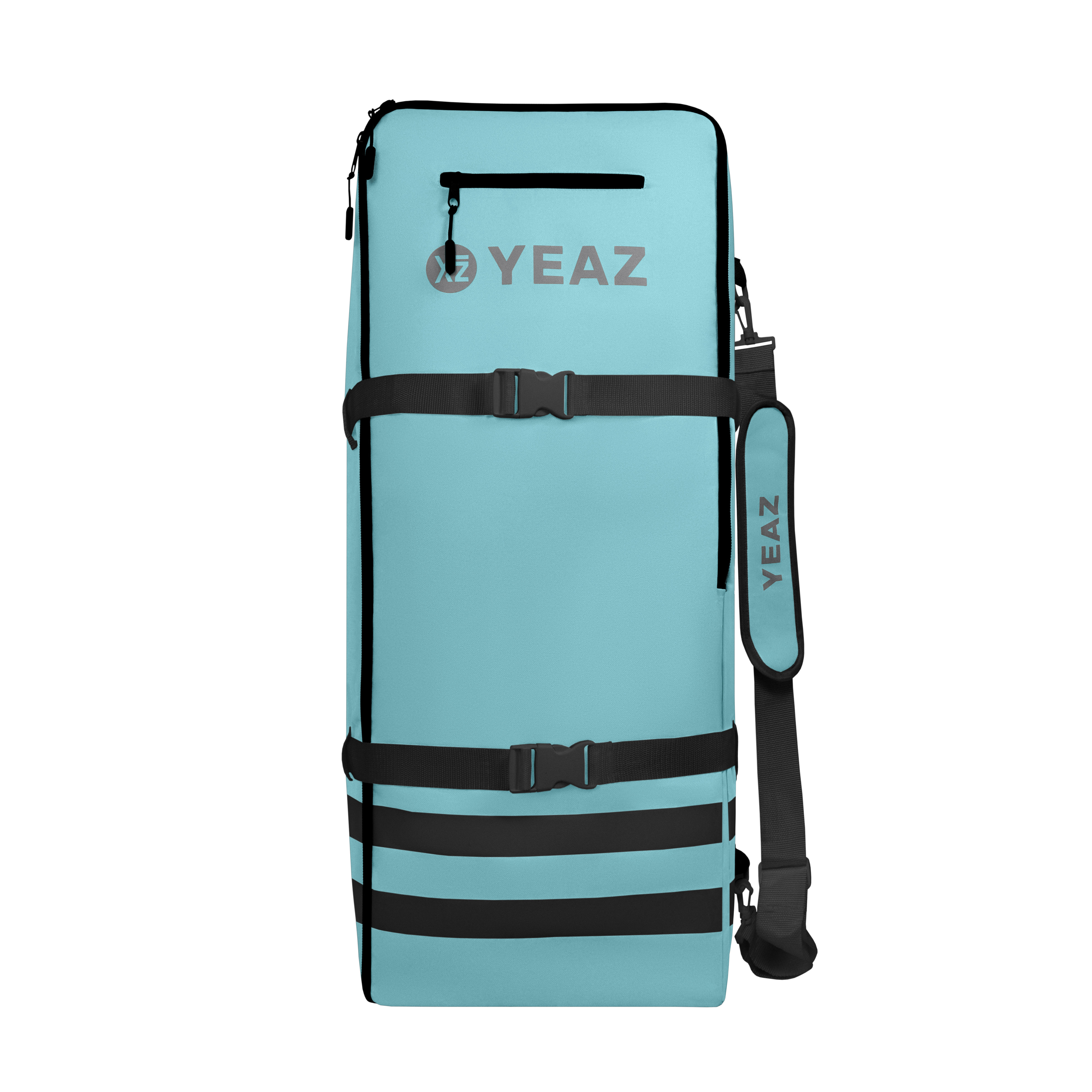 Eine hellblaue YEAZ-Tasche mit schwarzen Riemen und einem Schultergurt. Sie hat eine Reißverschlusstasche und ein Logo.