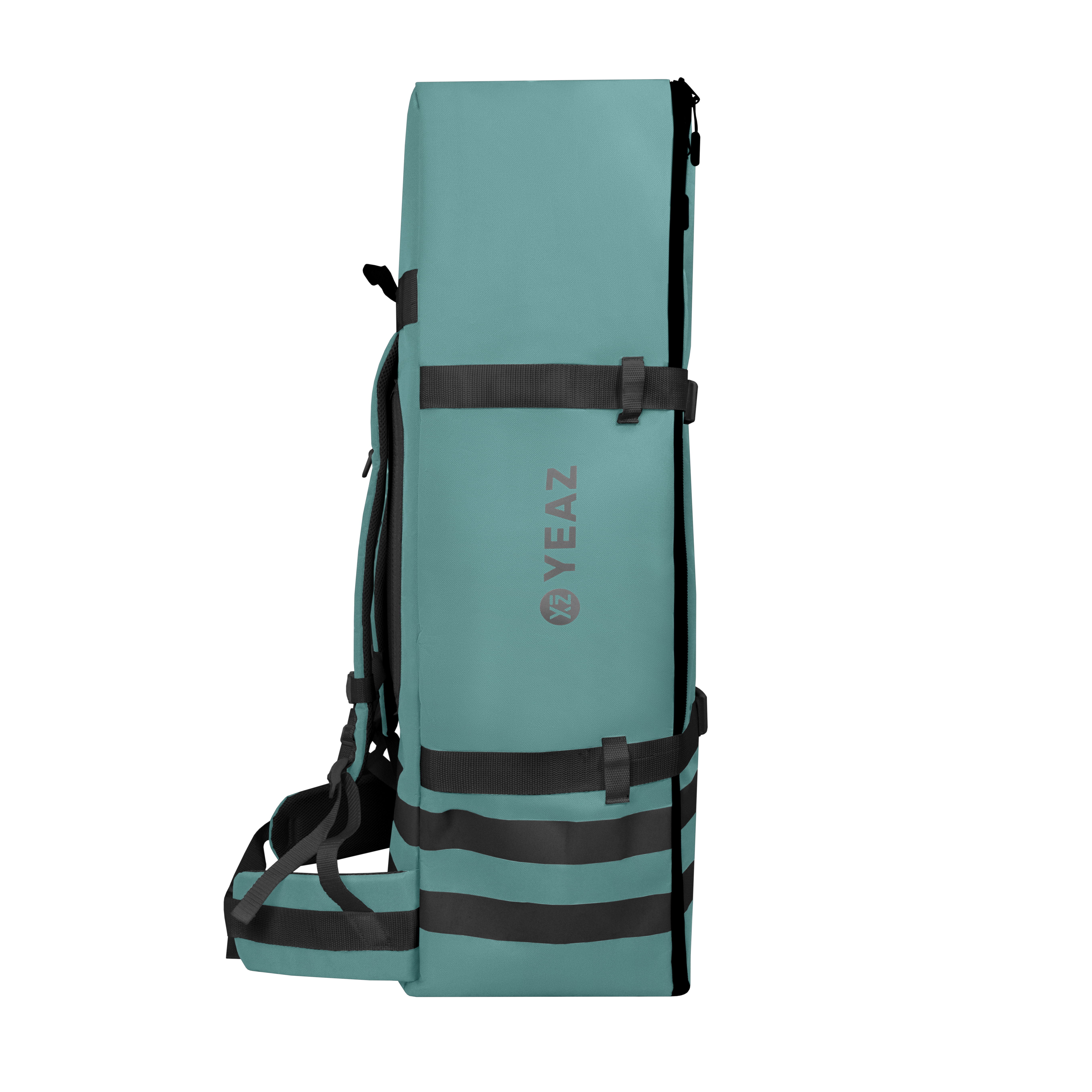 Ein türkisblauer Rucksack mit schwarzen Trägern und dem Wort 'YEAZ' an der Seite.