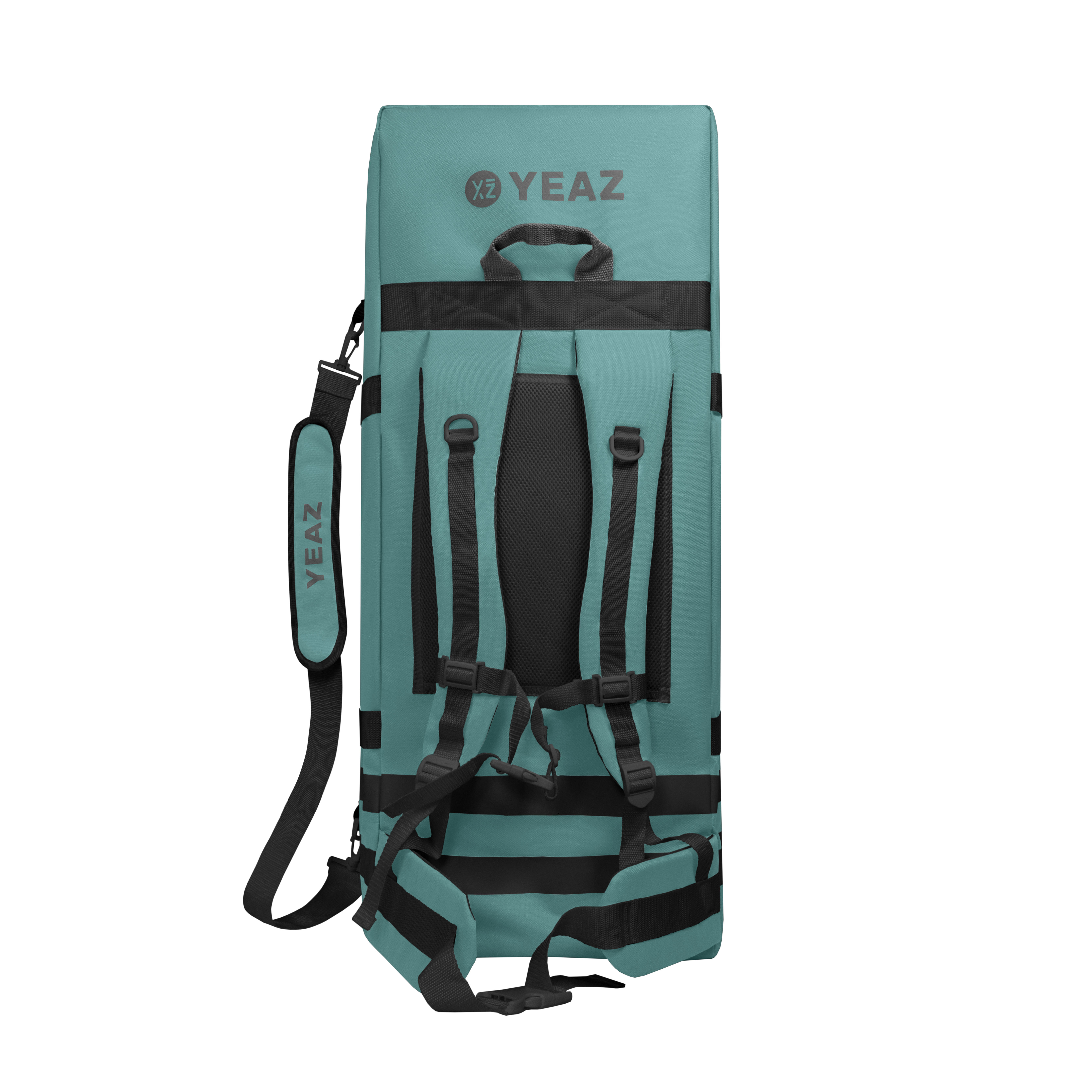 Ein türkisblauer Rucksack mit schwarzen Trägern und der Marke YEAZ, von hinten gesehen.