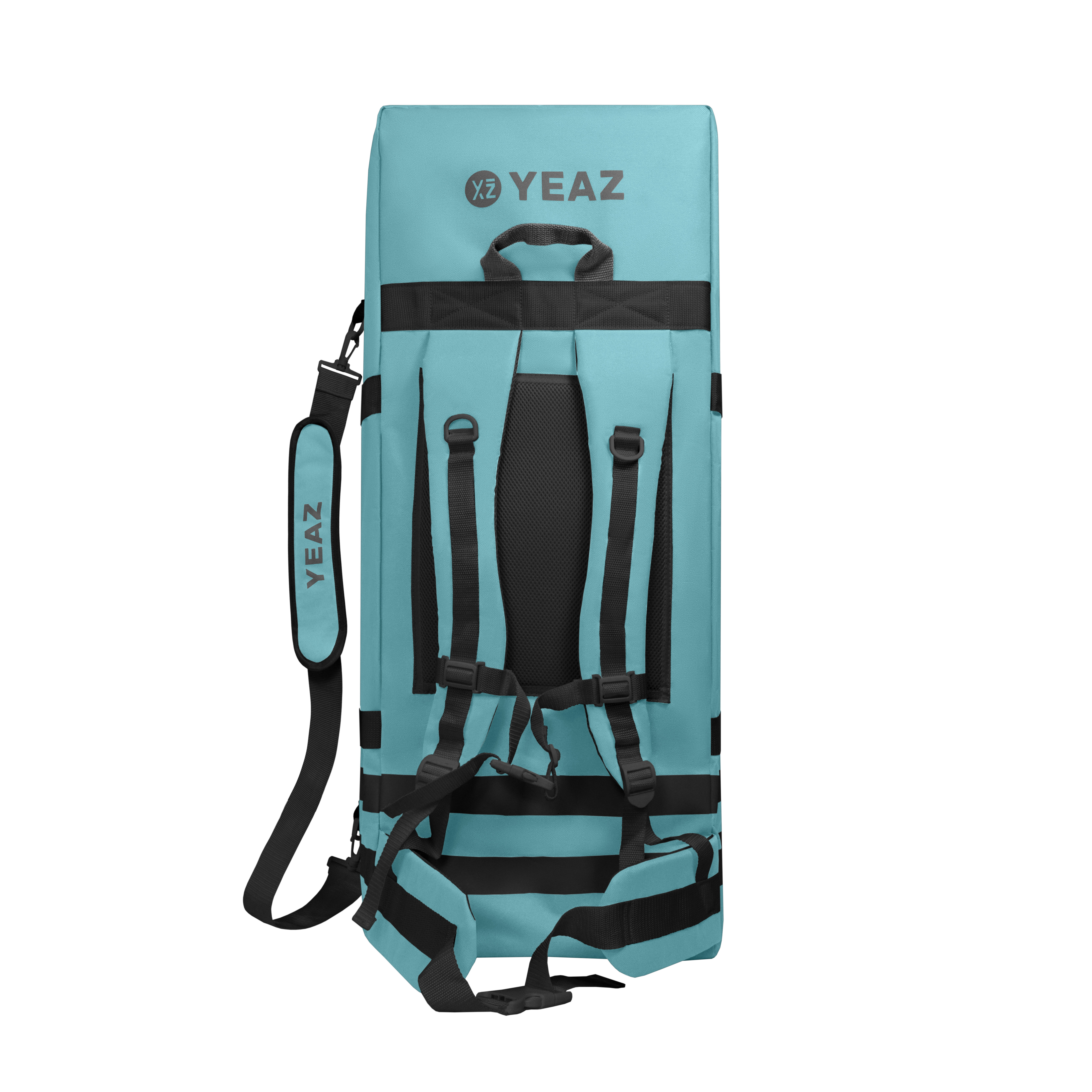 Hellblaue Rucksacktasche mit schwarzen Trägern, dem Wort YEAZ und einem Tragegriff.