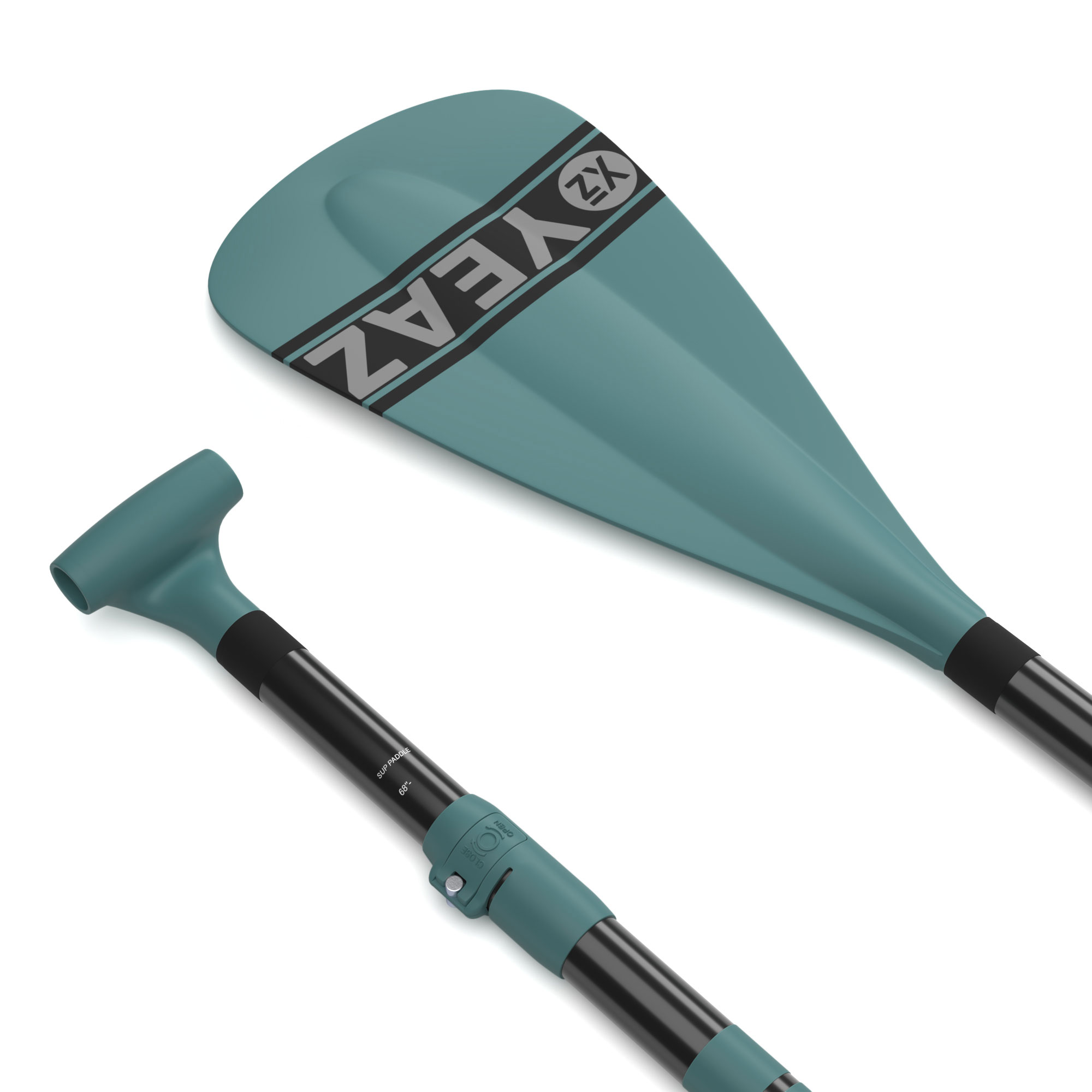 Ein türkisfarbenes Paddel mit schwarzem Griff und einem schwarzen und türkisfarbenen Schaft. Das Paddel ist zum Stand-Up-Paddling.