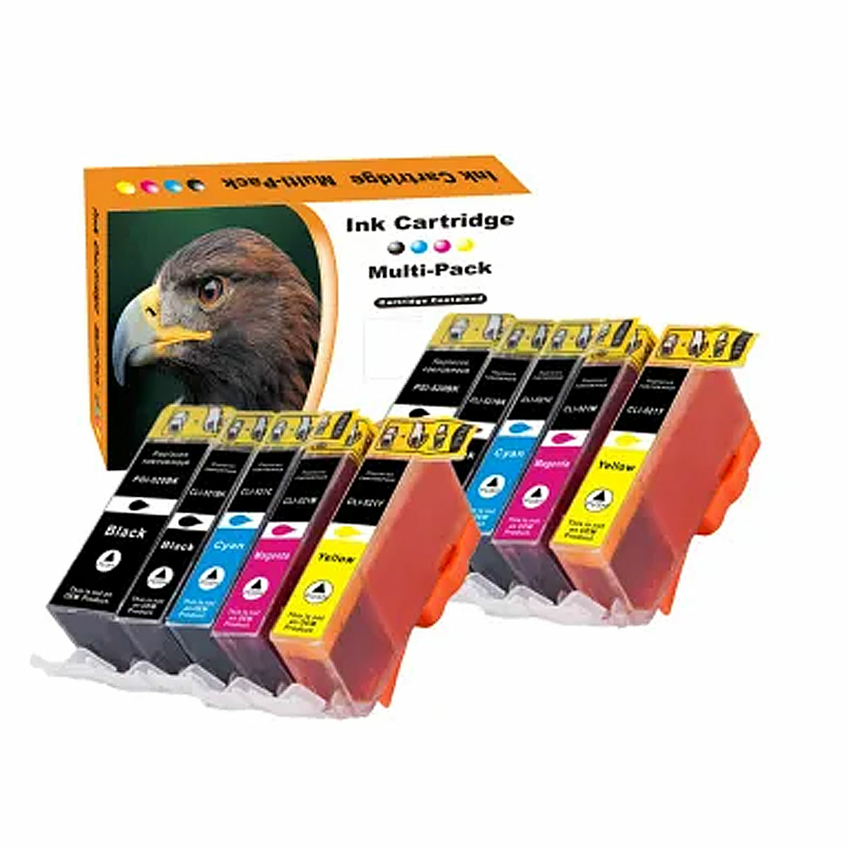 Tintenpatronen-Multipack mit schwarzen, cyanfarbenen, magentafarbenen und gelben Patronen.