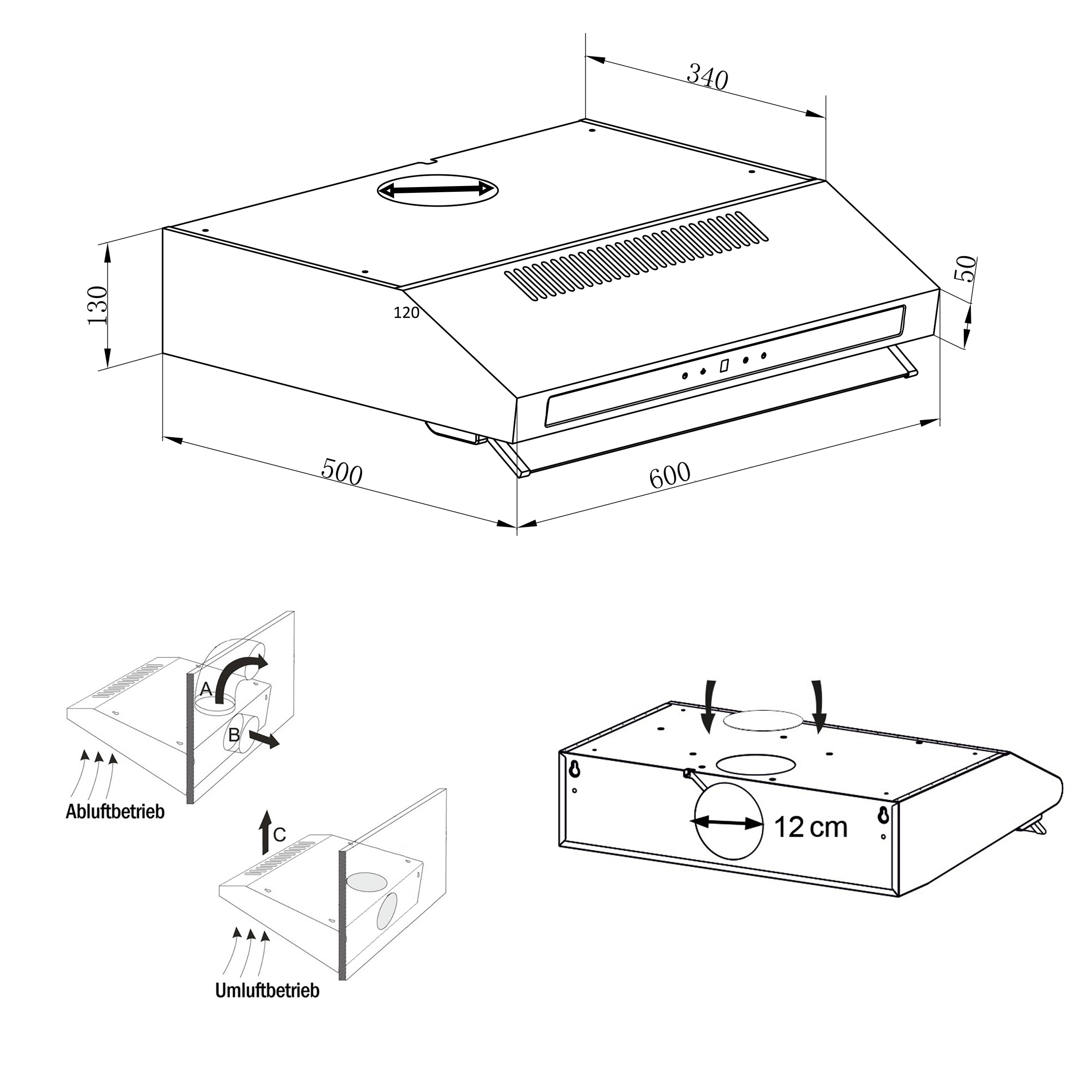 Diagramm einer Dunstabzugshaube mit Abmessungen und Pfeilen, die die Luftstromrichtungen angeben, schwarzweiß.