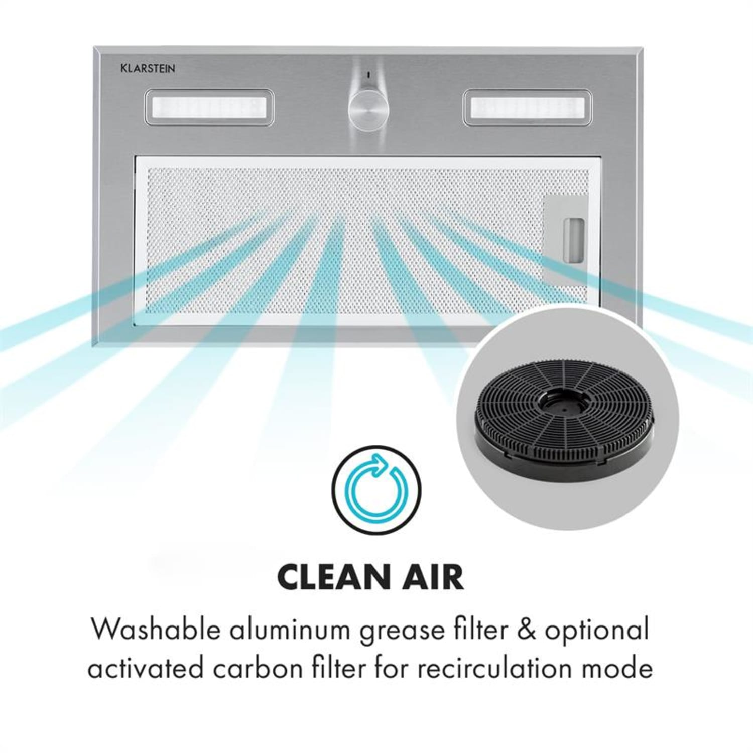 Campana extractora de acero inoxidable. Muestra un filtro y un filtro de carbón activo.