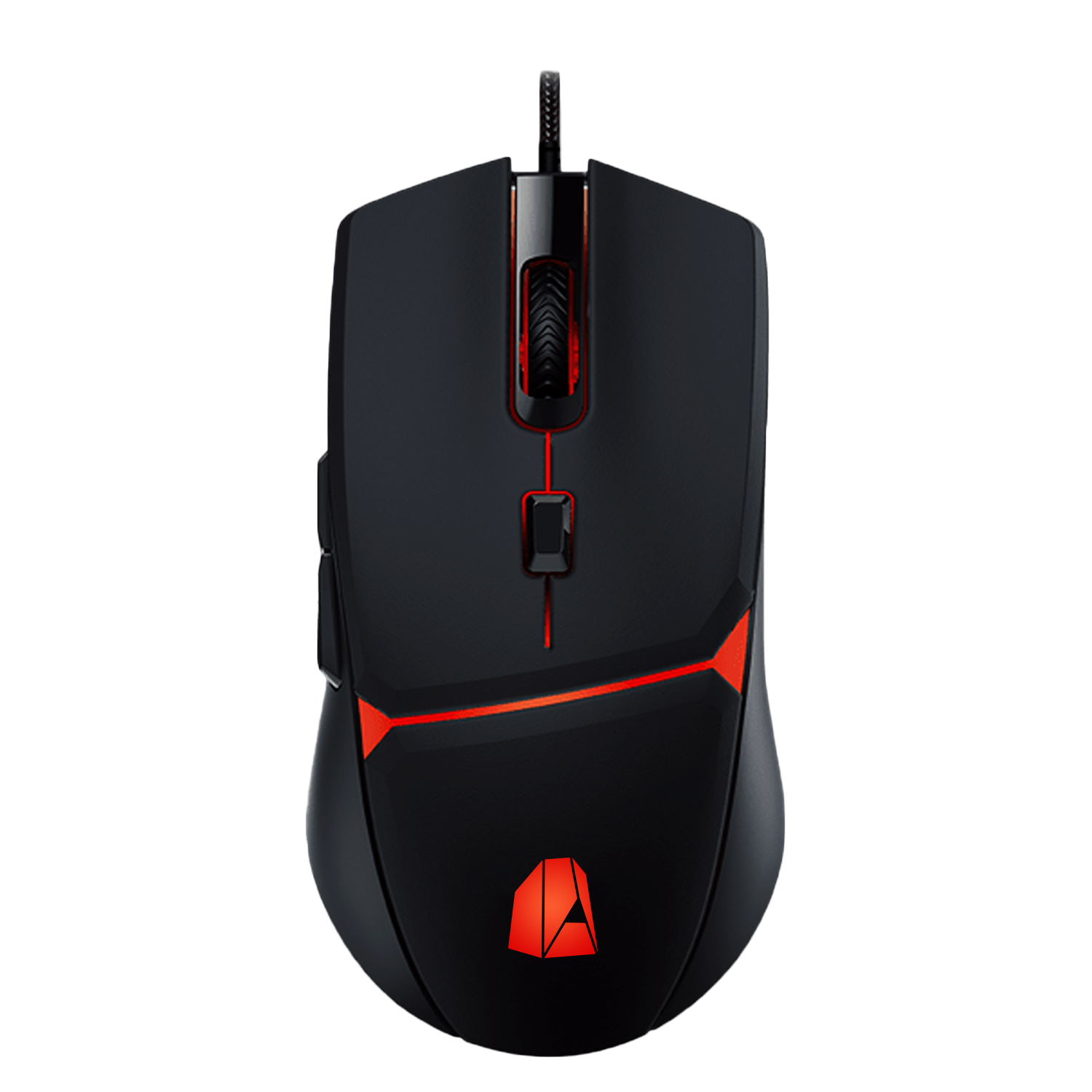 Ratón gaming negro con detalles rojos. Tiene rueda de desplazamiento y botones.