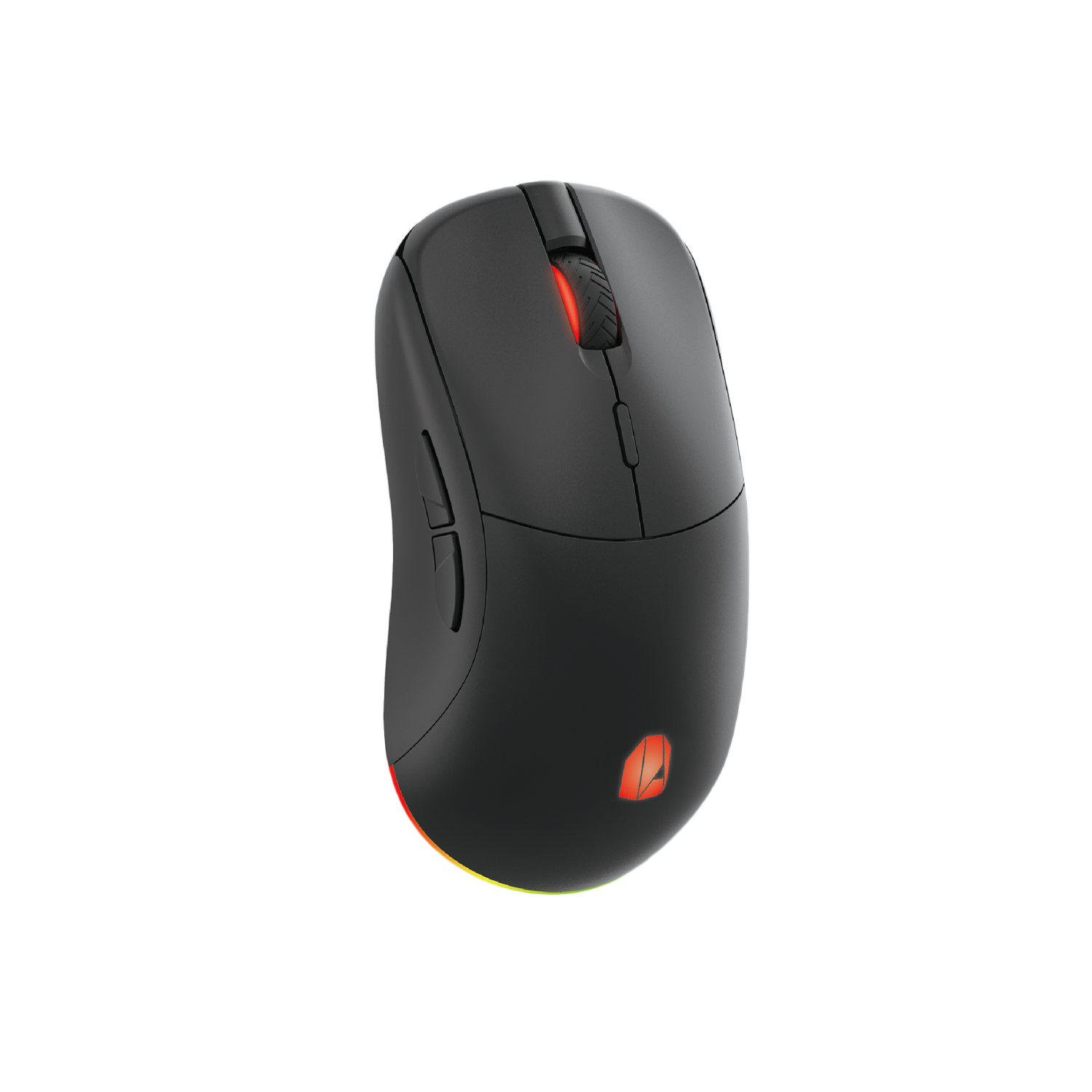 Ratón gaming negro con luces rojas, amarillas y verdes en la parte inferior.