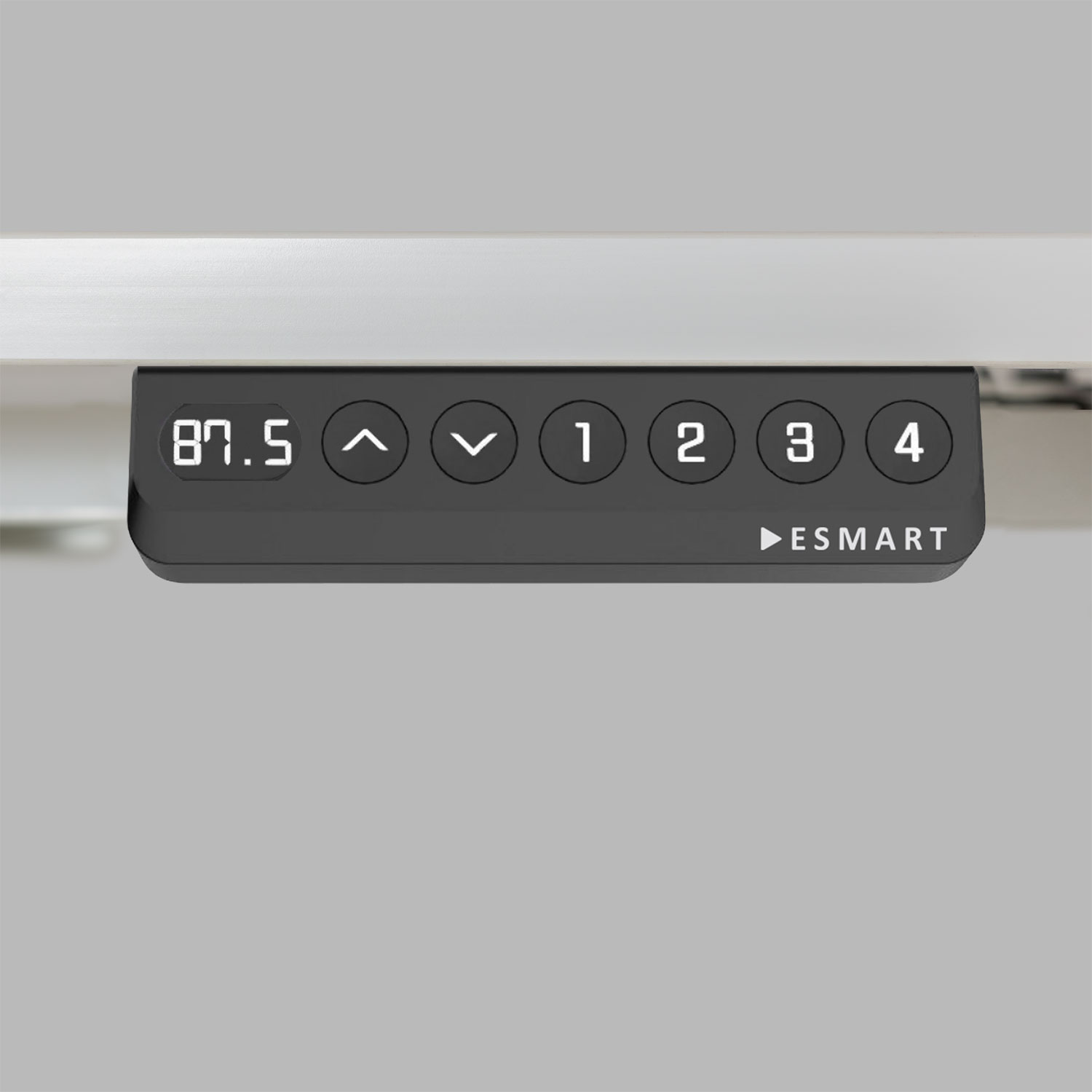 Bedienfeld für einen elektrischen Schreibtisch. Das Panel zeigt die Höhe in Zoll und Knöpfe.