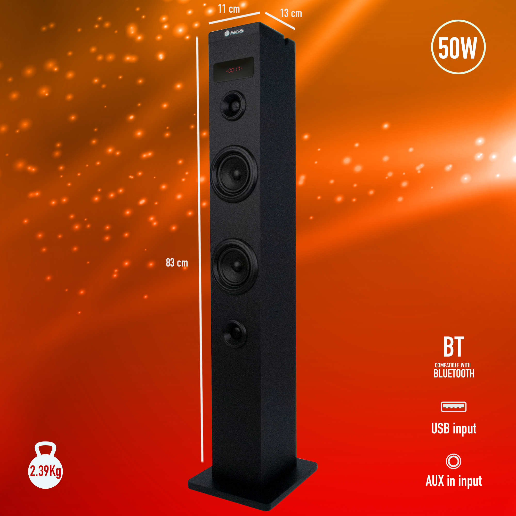 Altavoz negro con dimensiones y texto. El altavoz es alto y tiene múltiples orificios para altavoces.