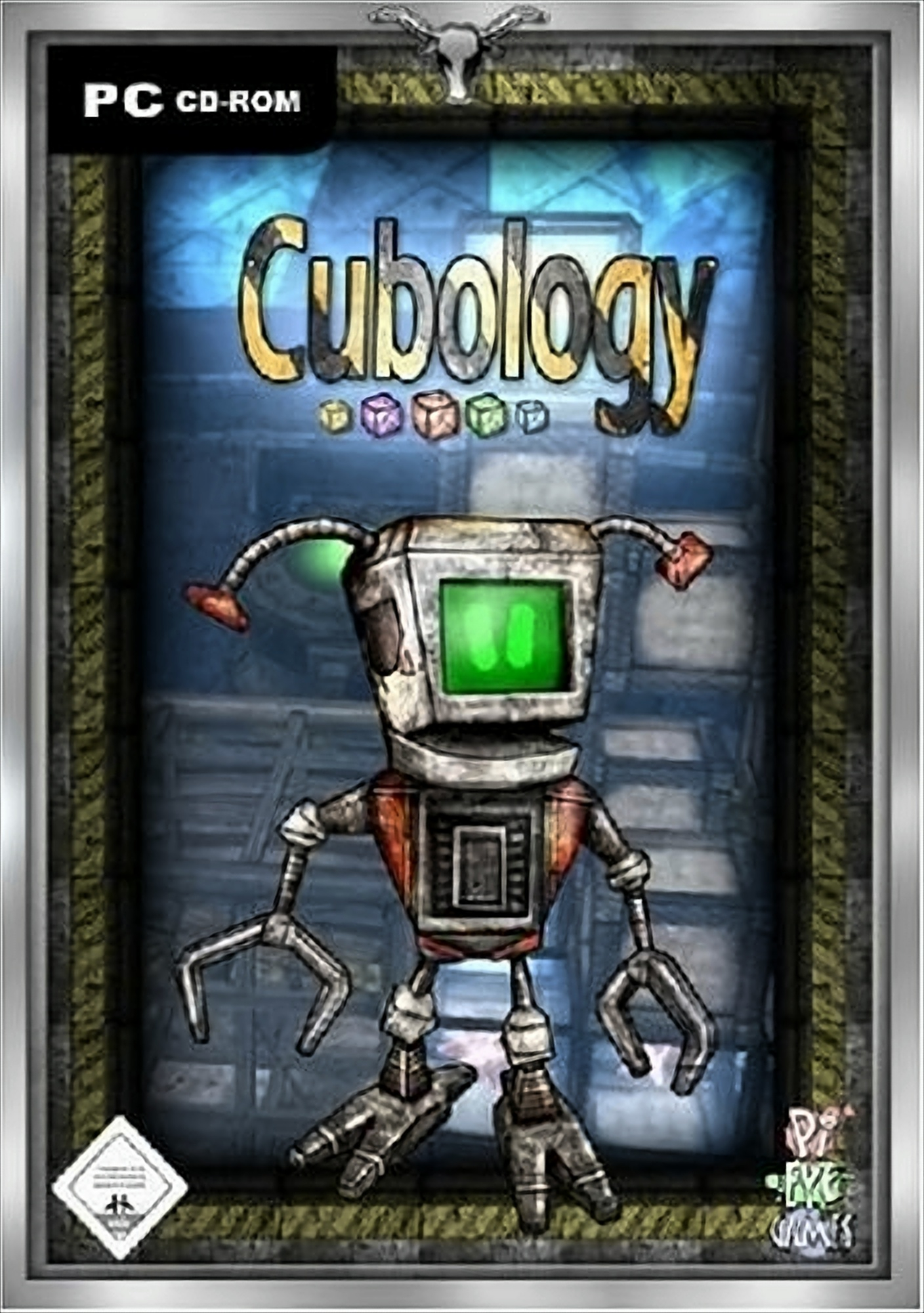 Cubology PC CD-ROM Spielcover. Cartoon-Roboter, blauer Hintergrund.
