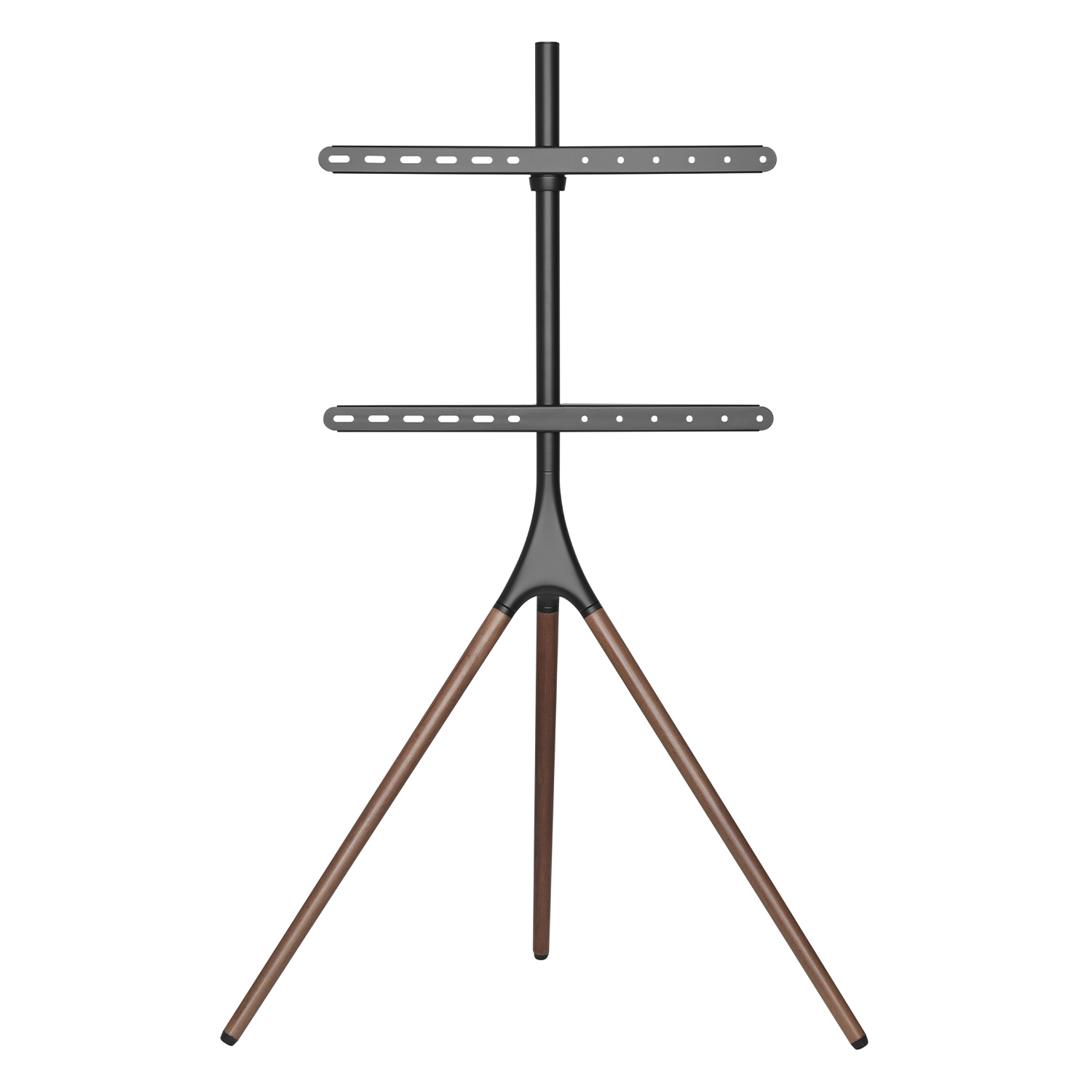 Driepoot tv-standaard met houten poten en metalen steunen. De tv is niet bevestigd.
