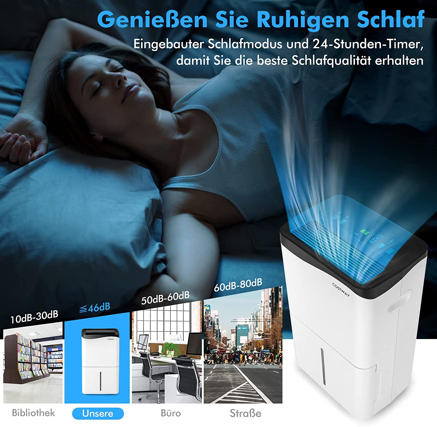 Eine schlafende Person, mit einem Luftentfeuchter und Text auf Deutsch. Weitere Bilder sind enthalten.