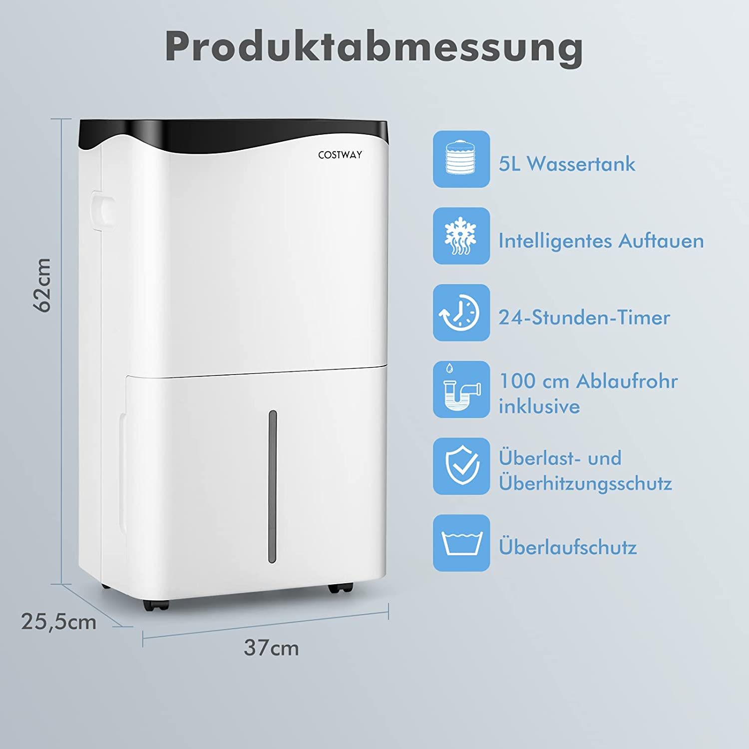 Ein weiß-schwarzer Luftentfeuchter, der mit Informationen auf Deutsch beschriftet ist, einschließlich Abmessungen.