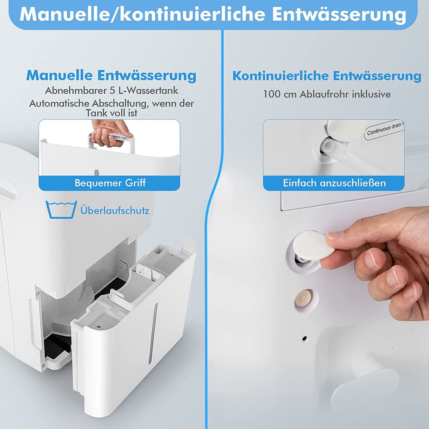 Zweiteiliges Diagramm, Wassertank- und Ablassbereich. Text auf Deutsch mit Zeichnungen.