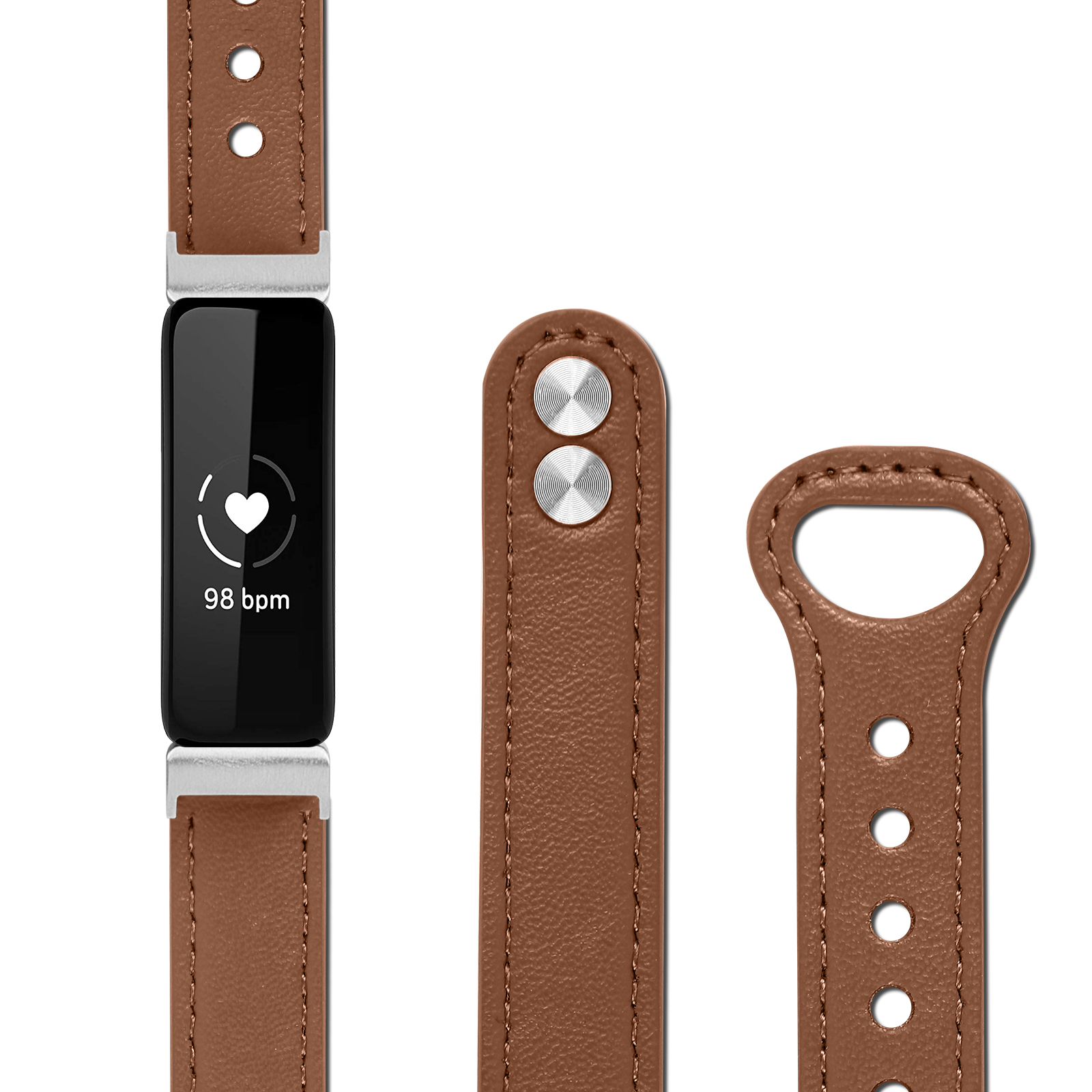 Nahaufnahme eines Fitness-Trackers mit braunen Lederriemen und einem schwarzen Bildschirm, der die Herzfrequenz anzeigt.
