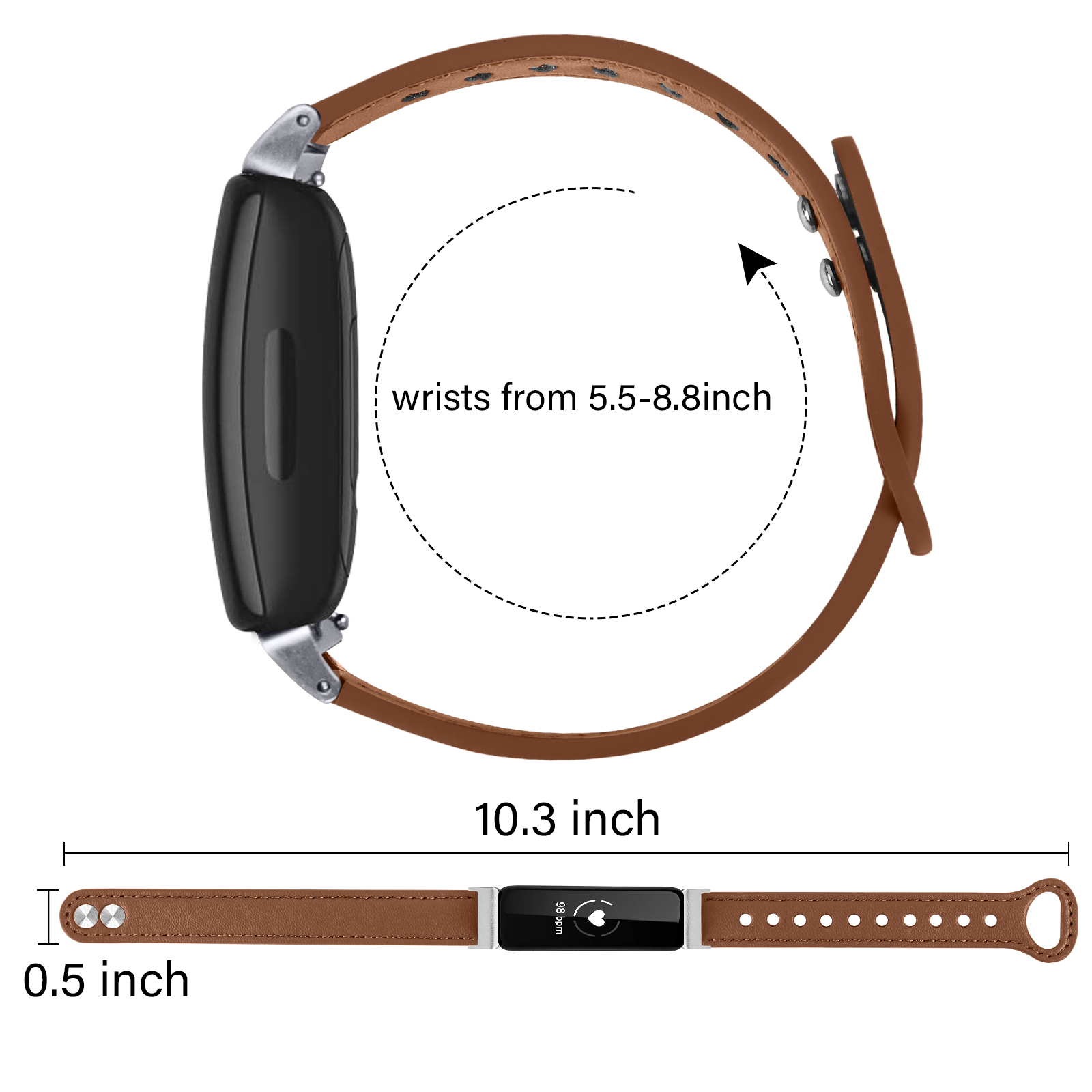 Braunes Smartwatch-Armband mit Abmessungen und Handgelenkgrößenbereich, weißer Hintergrund.