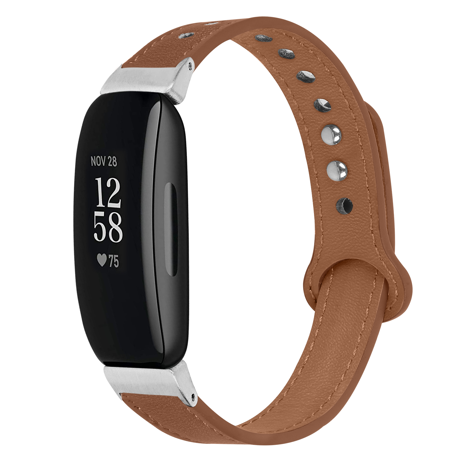 Braunes Leder-Armband mit schwarzem Bildschirm. Anzeige zeigt Uhrzeit und Herzfrequenz.
