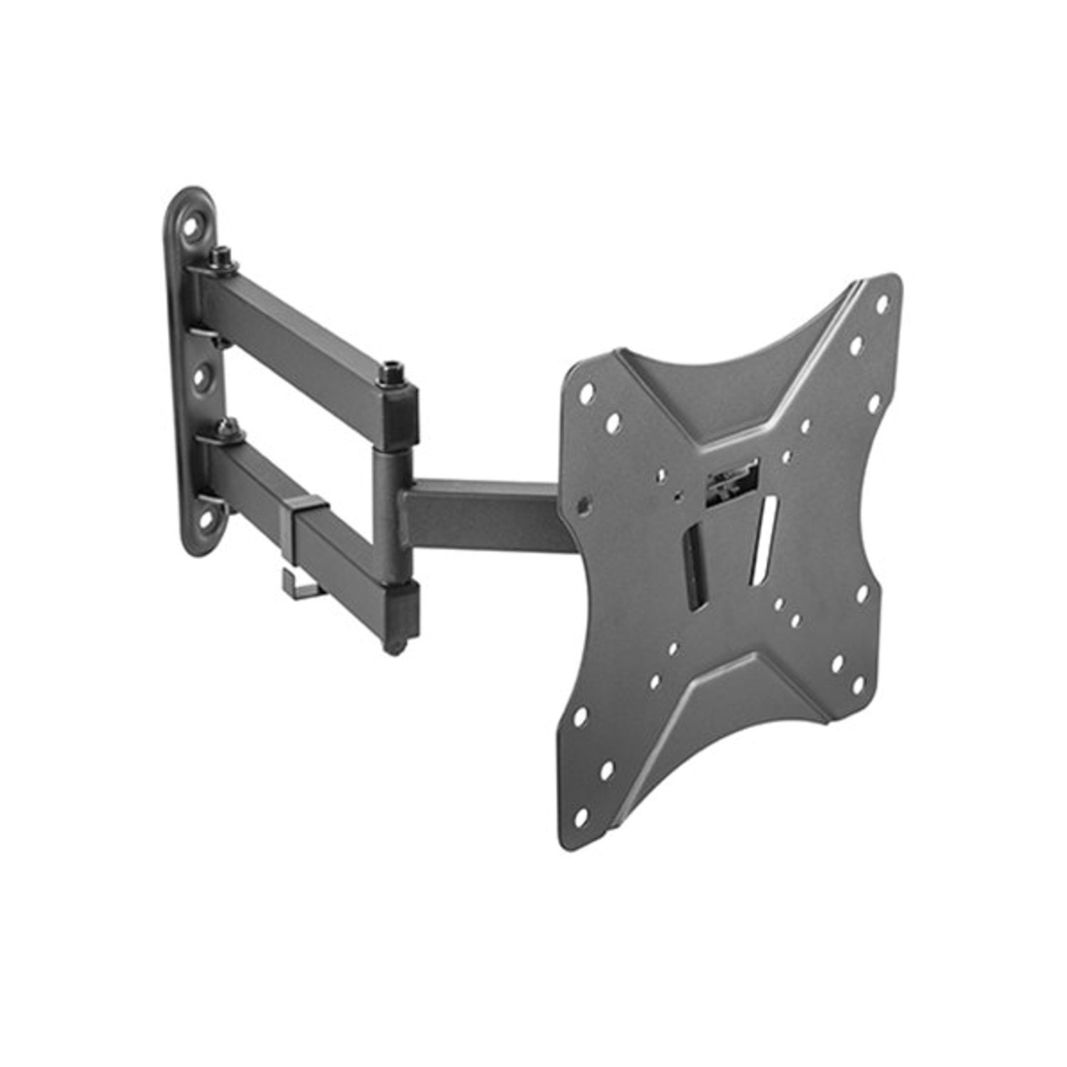 A black TV wall mount. It has a plate with holes to attach to the TV and an arm to attach to the wall.