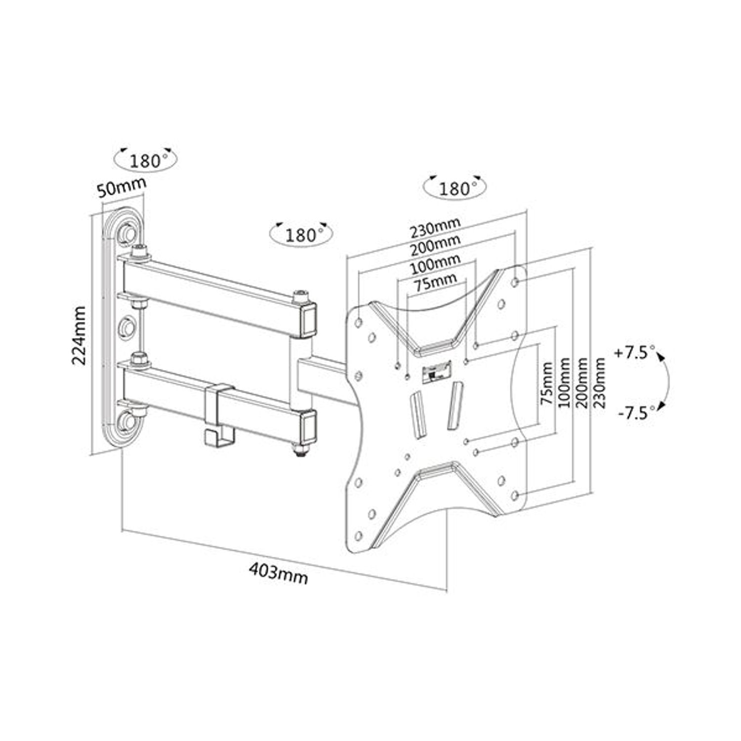 Diagram of a monitor mount with measurements and angles. White background.