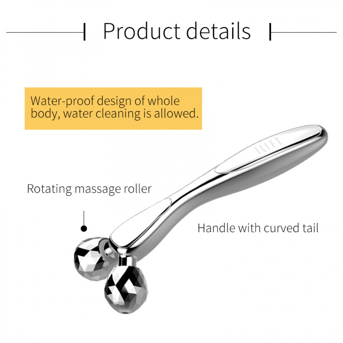 Silberner Gesichtsmassager mit rotierenden Kugeln. Weißer Hintergrund mit Produktdetails und Etiketten.