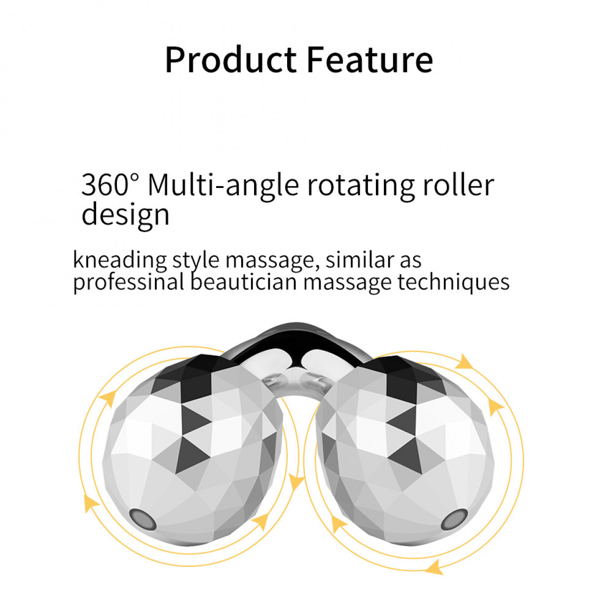 Ein Diagramm zeigt ein Gesichtsmassagegerät mit rotierenden Kugeln und Pfeilen.
