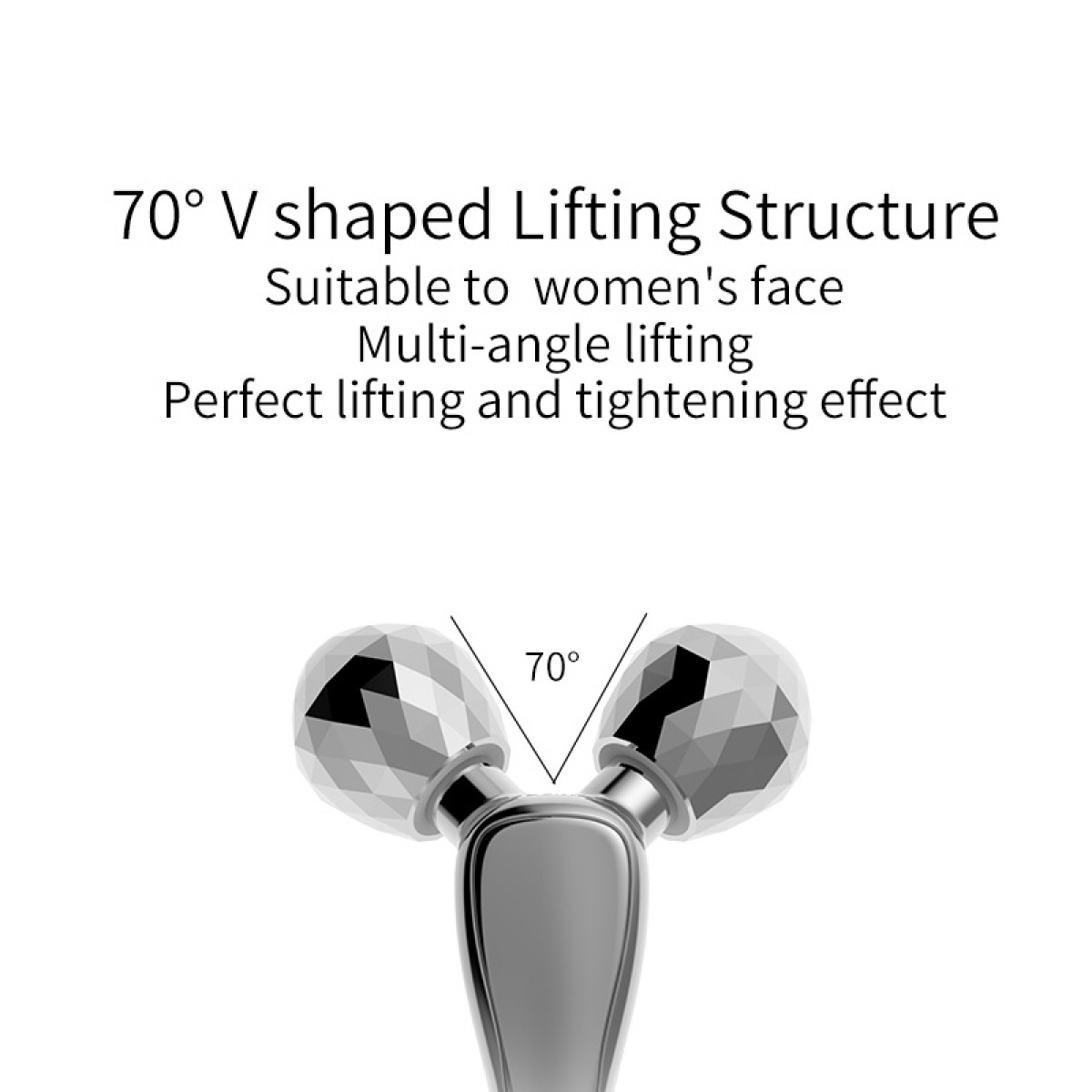 Gesichtsmassagegerät mit zwei facettierten Kugeln. Text beschreibt die 70-Grad-V-Form und den Lifting-Effekt.