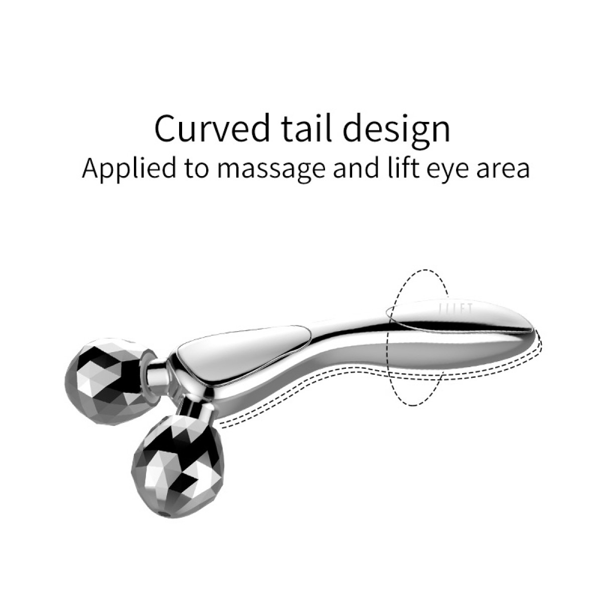 Silbernes Gesichtsmassagegerät mit zwei rotierenden Kugeln, Text: Gebogenes Schwanzdesign. Zum Massieren.