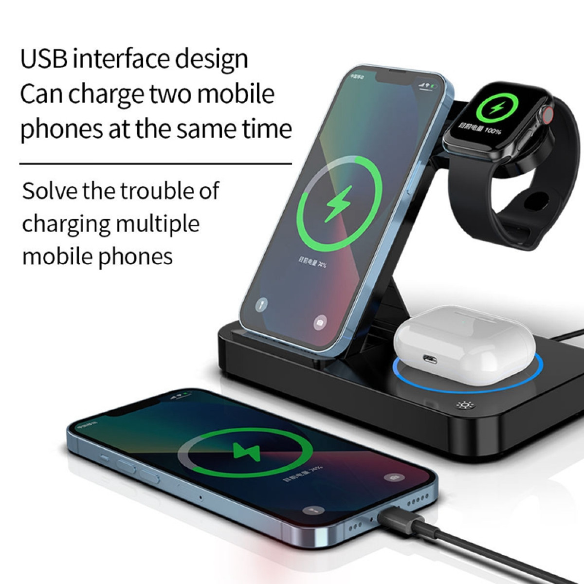 INF Faltbares 4-in-1-Wireless-Ladegerät für kabelloses Ladegerät Schwarz Watch Apple Airpods, Telefon, Universal