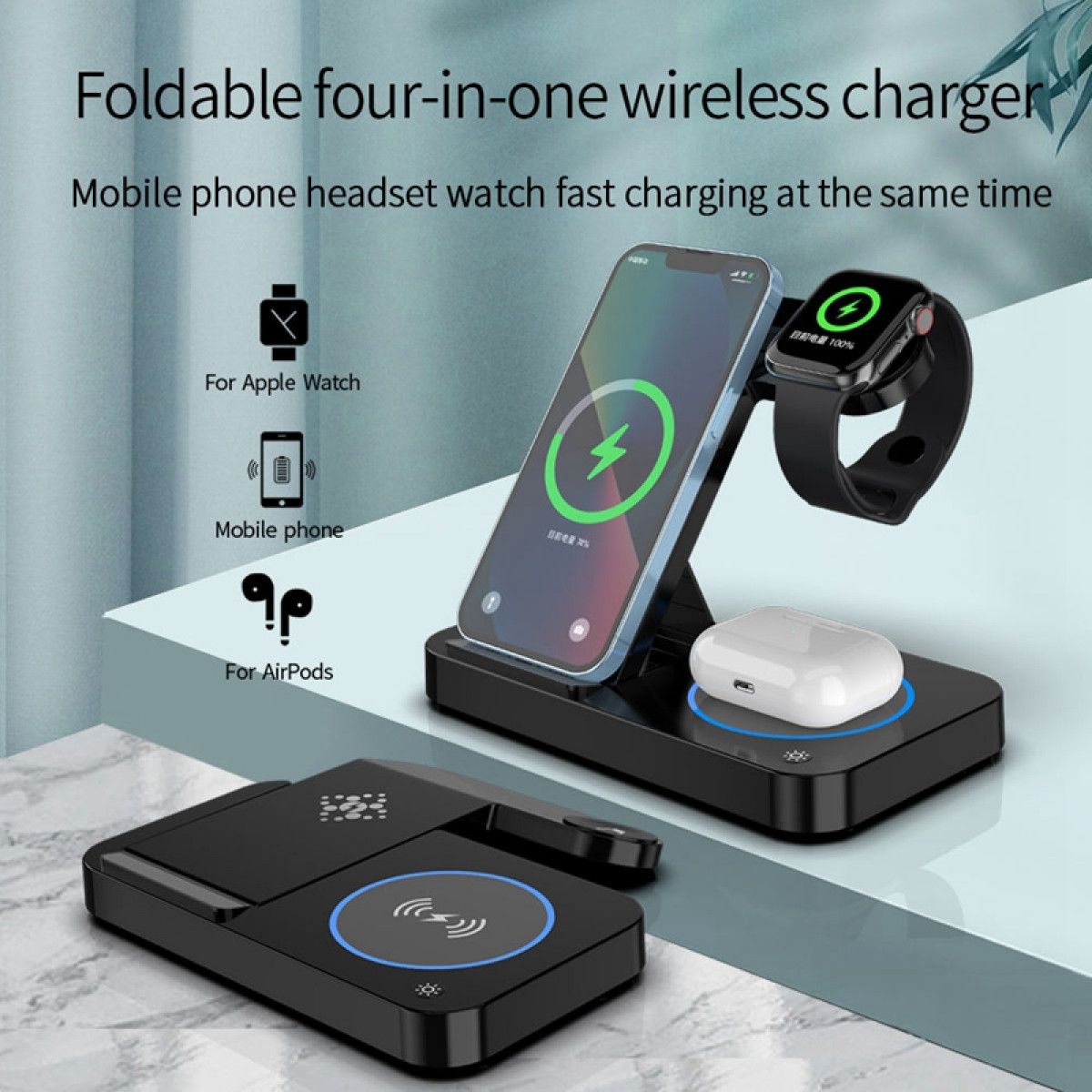 INF Faltbares 4-in-1-Wireless-Ladegerät für kabelloses Ladegerät Schwarz Watch Apple Airpods, Telefon, Universal