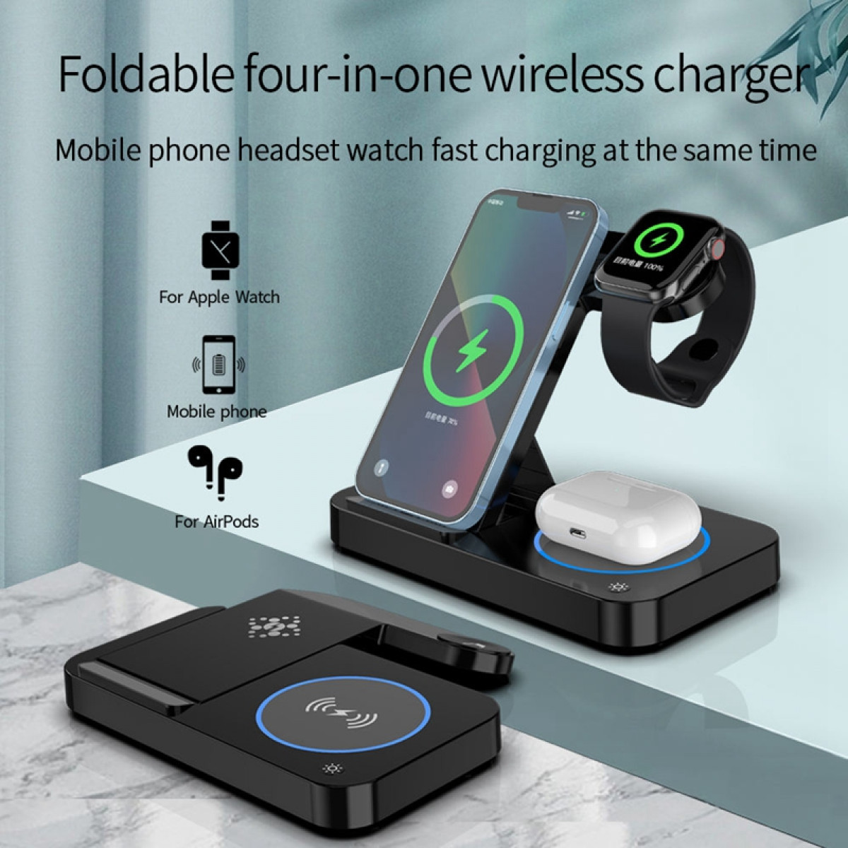 Ein schwarzes kabelloses Ladegerät mit einem Telefon, einer Apple Watch und AirPods.