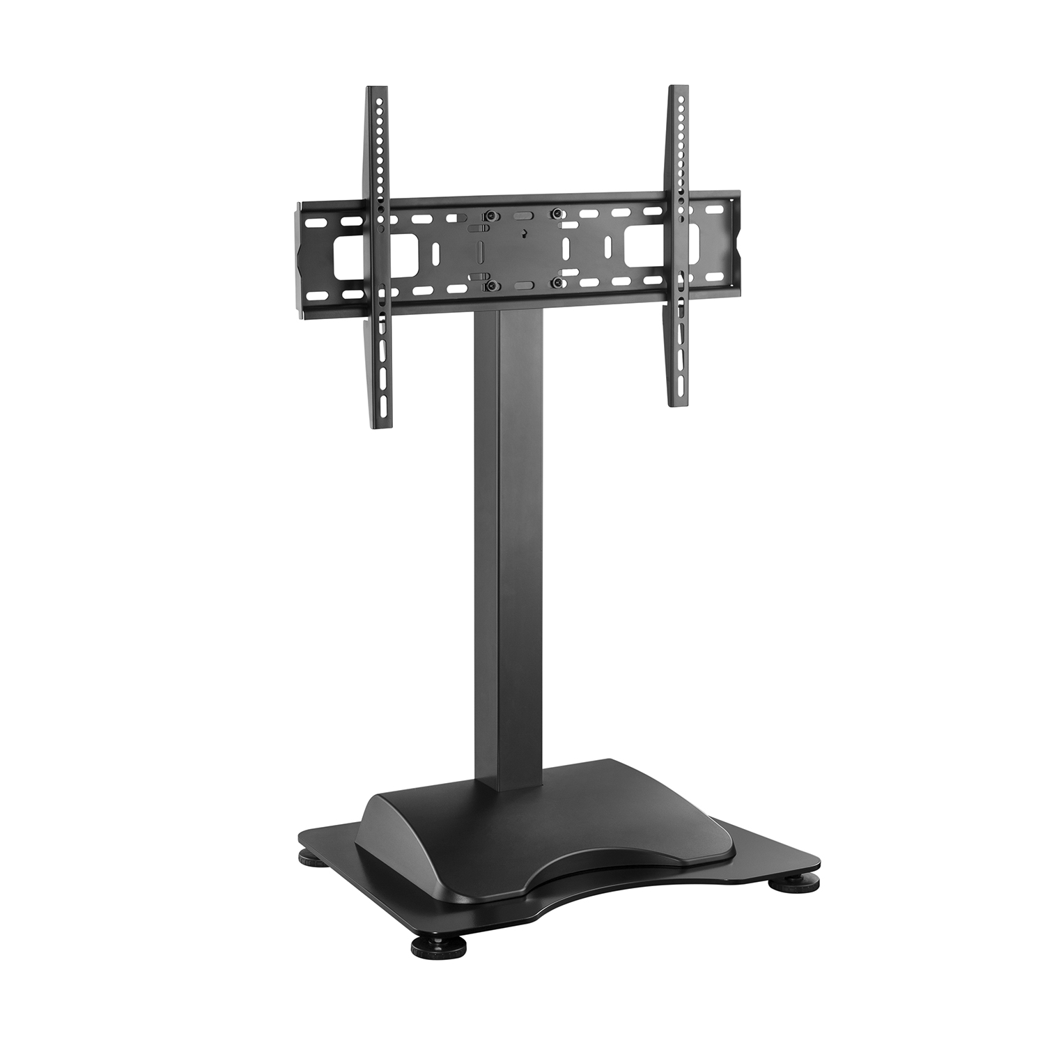 Een zwarte tv-standaard met een zwarte voet en een metalen frame voor de tv.
